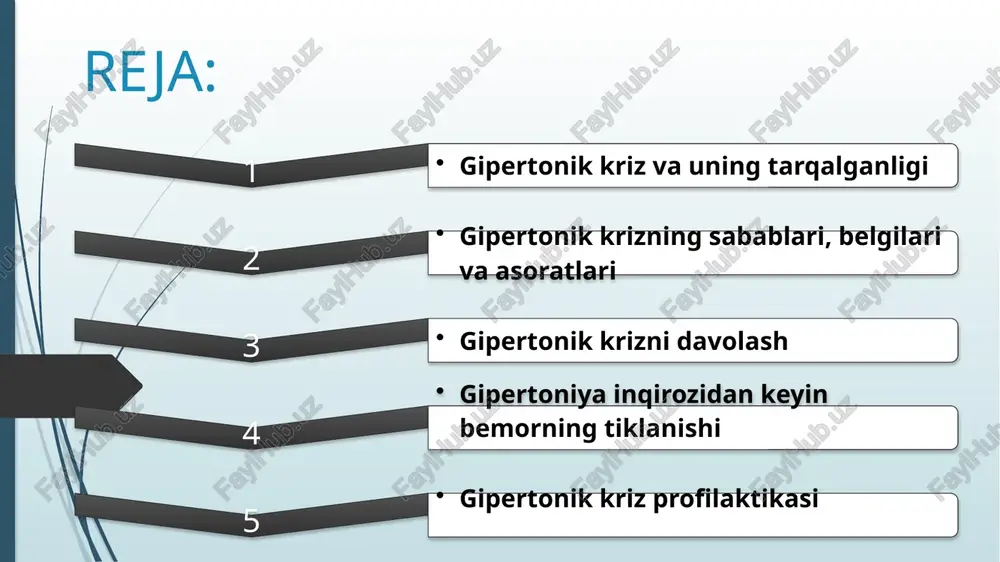 zi; qandli diabet; tizimli qizil yuguruk, homilador ayollarning nefropatiyasi. gipertonik kriz kelib chiqishiga turtki beruvchi omillar quyidagilardir: kamharakat hayot tarzi; ortiqcha vazn; qandli diabet; yurak ishemik kasalligi; qahva yoki kofeinli ichimliklarni suiste’mol qilish; prostata bezining adenomasi; ayollarda klimaks davri; feoxromositoma; osteoxondroz; vegeto-tomir distoniyasi; stress va depressiya ko’p miqdorda suyuqlik yoki osh tuzi qabul qilish; ob-havo (isishi yoki sovushi) va atmosfera bosimining o’zgarishi, iqlim zonalarining o’zgarishi; gipotenziv dorilarni qabul qilish rejimiga rioya qilmaslik (gipertonik bemorlarda); kechalari uxlamaslik; ba’zi dori-darmonlarni dozasini oshirib yuborish (adrenomimetik, erlik quvvatini kuchaytirish uchun preparatlar). shuningdek alohida yomon odatlar — chekish va alkogolizm haqida aytish kerak. spirtli ichimliklar ichuvchi odamlar yuqori qon bosimi muammolaridan oddiy odamlarga qaraganda ikki marotaba ko’proq aziyat chekishi, bitta chekilgan sigareta esa qon bosimini 30 mm.sim.ust. ga ko’tarishi mumkinligi aniqlangan. spirt va nikotin kapillyar qon aylanishning yomonlashuviga va kichik tomirlar zararlanishiga olib kelishi aniqlangan. gipertonik kriz alomatlari va belgilari bosh og’rig’i; bosh aylanishi; quloqdagi …