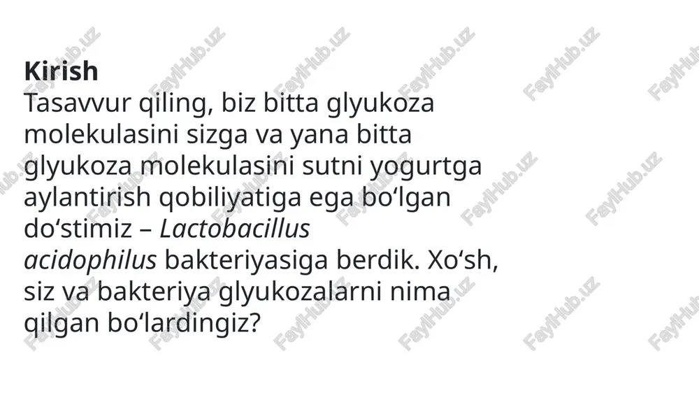 . hayvonlarda va odamda esa, kislorod zahirasi tugab borayotganda, ushbu kislota mushaklarda sut kislotasiga aylana boshlaydi. hammamizga tanish bo‘lgan, qattiq jismoniy zo‘riqishdan keyingi mushaklarning toliqishi hissiyotini aynan shu sut kislotasi keltirib chiqaradi. image1.jpeg image2.jpeg image3.jpeg <> >= 2 [enads) i,t 4 | | | 2 pyruvate 44 co, 2 (nadh? aerobic respiration one g00 ve begone" anaerobic respiration /docprops/thumbnail.jpeg uglevodlar almashinuvi va glikoliz