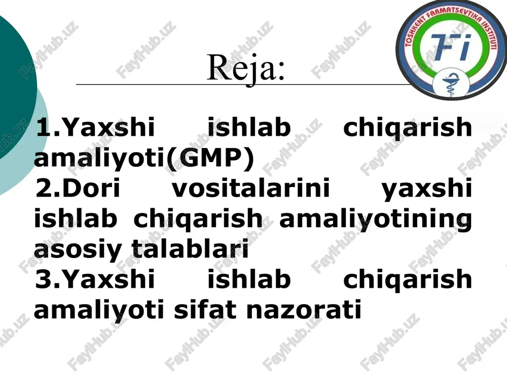 talar mavjud bo‘lishi lozim, shu jumladan: • zaruriy malakaga ega bo‘lgan, o‘qitilgan xodimlar; • tegishli binolar va maydonlar; • zarur asbob-uskunalar va ularga to‘g‘ri xizmat ko‘rsatilishi; • tegishli xom ashyo, materiallar, o‘ramlash va yorliqlash vositalari; • tasdiqlangan uslubiy qo‘llanmalar va yo‘riqnomalar; g) yo‘riqnomalarva stjlar ko‘rsatmalar shaklida tayyorlanib, aniq va bir ma’noni ifodalagan holda bayon etilishi lozim, hamda mavjud bo‘lgan vositalarga muayyan ravishda qo‘llanadigan bo‘lishi lozim; d) xodimlar stj va yo‘riqnomalarni to‘g‘ri bajarishiga o‘qitilgan bo‘lishi lozim; e) ishlab chiqarish vaqtida, belgilangan stj va yo‘riqnomalarda talab etiladigan barcha bosqichlar haqiqatda ham amalga oshirilganligini tasdiqlovchi hujjatlar tuzulishi lozim. yaxshi ishlab chiqarish amaliyoti sifat nazorati sifat nazorati – bu yaxshi ishlab chiqarish amaliyotining bir qismi bo‘lib, o‘z ichiga namunalarni tanlash, spetsifikatsiyalarni rasmiylashtirish va sinovlar o‘tkazish, shuningdek ishlab chiqarishni tashkillashtirish, hujjatlashtirish va ruxsat berish jarayonlarini qamrab oladi. bu jarayonda haqiqatan barcha zarur va tegishli sinovlar o‘tkazilganligini va xom ashyo va materiallarning ishlatilishiga va tayyor mahsulot …