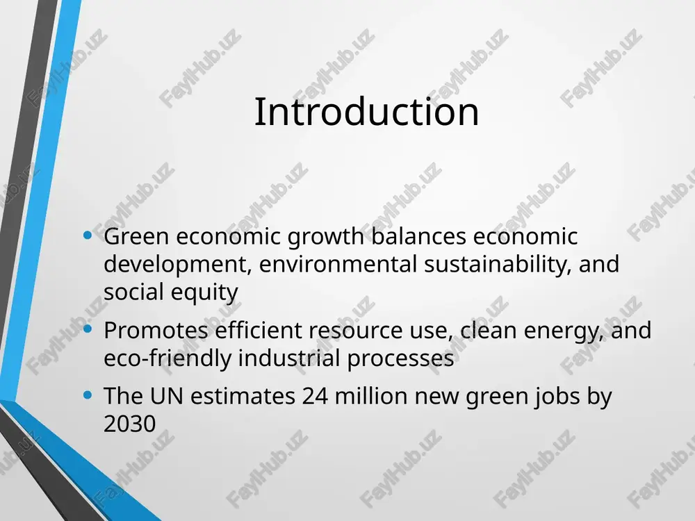lenges strategies for green growth businesses: invest in energy-efficient production and low-carbon technologies governments: implement carbon pricing, subsidies, and strict regulations public-private partnerships: fund research and infrastructure international cooperation: paris agreement and eu green deal drive policies uzbekistan’s green economy initiatives renewable energy: plans to reach 25% capacity by 2030 with 5 gw solar & 3 gw wind carbon reduction: goal to cut emissions by 35% by 2030 water management: sustainable farming to address water scarcity green cities: investments in electric transport and energy-efficient buildings future outlook & conclusion green growth creates jobs, boosts resilience, and drives long-term prosperity global collaboration is essential for a low-carbon future investing today ensures a sustainable and economically strong tomorrow image2.jpeg image3.jpeg ; > anmnwersis.2: . _ = ‘ate s » —_ =~ eee) ia — /docprops/thumbnail.jpeg green economic growth