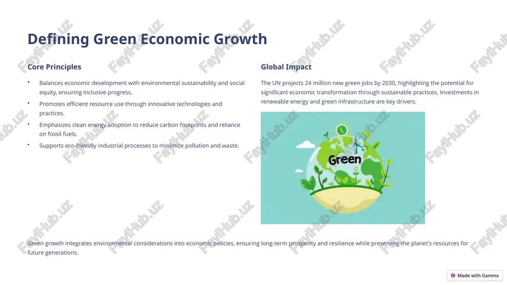 essential for fostering a sustainable and resilient economy that benefits both people and the planet. green innovation, particularly, can drive the development of eco-friendly industrial processes and technologies. 4 the economic and environmental benefits economic benefits renewable energy employed 13.7 million people in 2022 (irena) energy efficiency could increase gdp by 4% by 2030 (world bank) sustainable agriculture prevents long-term productivity loss environmental benefits eu green deal aims to cut emissions by 55% by 2030 un: green transition could prevent 700,000 premature deaths yearly forest conservation absorbs 2.6 billion metric tons of co₂ annually green growth creates numerous economic opportunities while protecting the environment. investing in renewable energy and sustainable practices ensures long-term prosperity and planetary health. 5 social advantages of green initiatives improved health lower pollution reduces respiratory diseases, saving $8 trillion in healthcare (who) energy access clean energy access benefits 2.3 billion people (iea) better cities green cities …