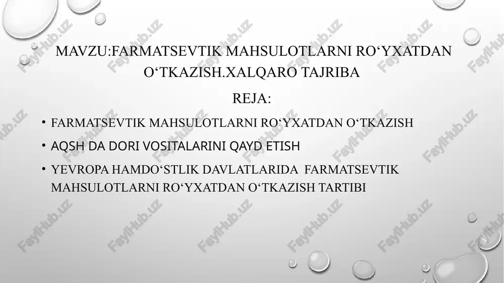 kelmasa qaytarilishi mumkin. boshqacha qilib aytganda dori vositasining farmatsevtik bozorda xuddi shunday o‘xshashi bo‘lganligi yoki narxi balandligi sababli ro‘yxatdan o‘tkazmasligi mumkin emas dori vositalarini ro‘yxatdan o‘tkazish uchun talabnoma turlari va ko‘rinishi. to‘liq talabnoma (innovatsion yoki orginal preparat uchun) qisqartirilgan talabnoma (djeneriklar uchun); qayd etilgan preparat talabnomasiga o‘zgartirishlar yoki qo‘shimchalar aqsh da dori vositalarini qayd etish, ishlab chiqarish korxonalar inspeksiyasi, maxalliy va import qilinayotgan barcha mahsulotlar sifatini nazorat qilish bo‘yicha fda – food and drug administration shug‘ullanadi. umuman olganda aqsh da dori vositalarini qayd etish tizimi majud bo‘lmay, u erda “maqullash” deb ataladi va dori vositalarining reestri ham mavjud emas. nazorat markazlashgan xolda olib boriladi. federal ahamiyatga ega bo‘lgan qonunlar va farmoyishlarni aqsh kongressi (milliy davlat organi) tasdiqlaydi, uning ijrosi esa fda tomonidan ta’minlanadi. dori vositalarini qayd etish quyidagi ketma-ketlikda amalga oshiriladi: yangi dori vositasining klinik sinovlarini o‘tkazish uchun talabnoma (ind); yangi dori vositasi uchun arznoma (nda); yangi dori vositasi (jenerik) …