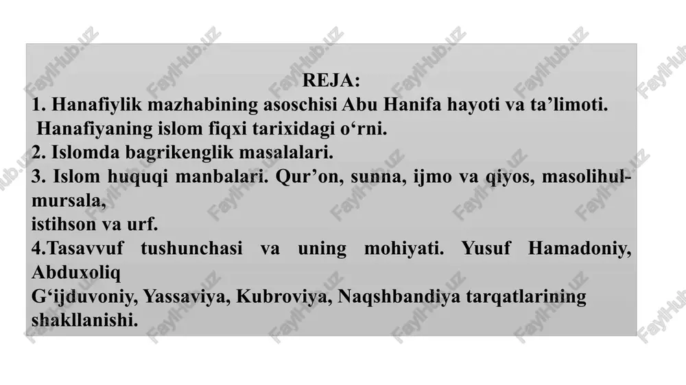lardan foydalirog‘i, ma’qullarini ajratib olishdir. mazhab (arab. — yoʻnalish, oqim, yoʻl, taʼlimot), shariat mazhablari — islomda diniy huquq tizimlari va yoʻnalishlari. viii—ix asrlarga kelib shariatning shakllanishi jarayonida xuquqshunoslik — fiqh. sohasida juda koʻp mazhablar yuzaga kelgan. hozirgi vaqtda sunniy toʻrtta mazhab — hanafiy, molikiy, shofiʼiy, hanbaliy (mazhablar nomi ularning asoschilari: abu hanifa (imomi aʼzam), molik ibn anas, shofiʼiy, ibn hanbal nomidan olingan), shialikda bir mazhab — jafariylik (asoschisi — jafar as-sodiq) saqlanib qolgan. 2.islomda bagrikenglik masalalari. islomda bagrikenglik masalalari. islom o‘zining ilk davridayoq bag‘rikenglik dini sifatida namoyon bo‘ldi. jahon dinlarining ichida faqat islomda e’tikod erkinligi ochiq-oydin e’lon qilingan: baqara surasining 256 oyatida «la iqraha fid-din» «dinda zo‘rlash yo‘q» - deyilgan. kur’onda payg‘ambarlarning o‘ziga xos shajarasi quyidagi tarzda keladi: «alloxga, bizga nozil qilingan narsa (qur’on)ga va ibrohim, ismoil, isxoq, yokub va (uning) avlodlariga nozil kilingan narsalarga, muso va iso hamda barcha payg‘ambarlarga parvardigorlari tomonidan berilgan narsa (vaxiy)ga imon keltirdik. ularning orasida …