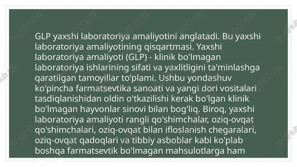 ovlarni bajarish uchun kerakli bo‘lgan mutaxassislar jamoasi, zaruriy xona va asbob uskunalarga ega bo‘lgan amaldagi joy bo‘lib, agar sinovlar bir nechta sinov maydonlarida amalga oshiriladigan bo‘lsa, u xolda “sinov markazi” atamasi, sinovlar bo‘yicha rahbar joylashgan va sinovlar markazi hisoblangan barcha sinov maydonchalari joylashgan markazdir. laboratoriyalardagi sinovlar sifatni ta’minlash dasturi (quality assurance programme) asosida olib boriladi. mazkur dastur asosiy tadqiqotlarni o‘tkazishga jalb etilmagan xodimlar va sinov markazi ma’muriyati tomonidan tuziladi.barcha ishlar standart operatsion protseduralar (sop) asosida amalga oshiriladi. sop (standard operating procedures; sops) - tadqiqot rejasida yoki tadqiqotni o‘tkazish yo‘riqnomasida batafsil ko‘rsatilmagan va aniq bir faoliyat turini bajarishda bir xillikka erishishga yo‘naltirilgan, tadqiqotni o‘tkazish jarayonlari yoki boshqa faoliyat ta’riflangan batafsil yozma yo‘riqnomalar. sifatni ta’minlash xizmati tadqiqotlarni olib borishda ishtirok etuvchi xodimlardan mustaqil bo‘lishi shart. biroq ushbu xizmat xodimlari tadqiqot o‘tqazish jarayonlari bilan tanish bo‘lishi va sinov markazi rahbariyatiga bevosita hisobot berishlari zarur. sinov markazi ma’muriyati quyidagilarni bajarishi shart: a) yaxshi laboratoriya …