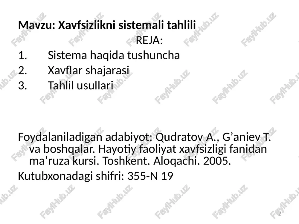 h mumkin emas. shuning uchun xavfsizlikni tahlil etishda tuzilgan shajarani "sabablar va xavflar shajarasi" deb ataladi. ko‘ngilsiz hodisalarning sababini aniqlashda (avariya, jarohat, yong‘in, yo‘l-transport hodisasi va h.k.) shajara tuzish yaxshi samara beradi. 7 8 9 10 xavfsizlikni tahlil qilishda asosiy muammo sistemaning parametr va chegaralarini aniqlab olishdir. agar sistema juda cheklangan bo‘lsa, ayrim xavfli hodisalar diqqatdan chetda qolishi mumkin. ikkinchi tomondan juda cheksiz bo‘lsa, unda tahlil natijalari noaniq bo‘lib qolishi mumkin. shuning uchun tadqiqotchi oldida qaysi darajada tahlil qilish savoli ko‘ndalang turadi. bu savolga javob tahlilning aniq maqsadga bog‘liq ekanligidir. 11 12 ma’ruzamiz tugadi ! marhamat mavzu bo’yicha savollar ??? audio1.wav image1.jpeg image2.jpeg image3.png image4.jpeg image5.jpeg image6.jpeg tarkibiga odam ham kiradigan element tizimi — ergatik tizim deb ataladi. masalan, «odam—mashina», «odam—mashina — atrof-muhit». tizimlash tamoyili hodisalarni o‘zaro bog‘liq ravishda bir to‘plam tariqasida o‘rganadi. tizim beradigan maqsad yoki natija tizim yaratuvchi element deb aytiladi. masalan, yong‘in—yonuvchi modda, oksidlovchi kislorod, yondiruvchi. bu …
