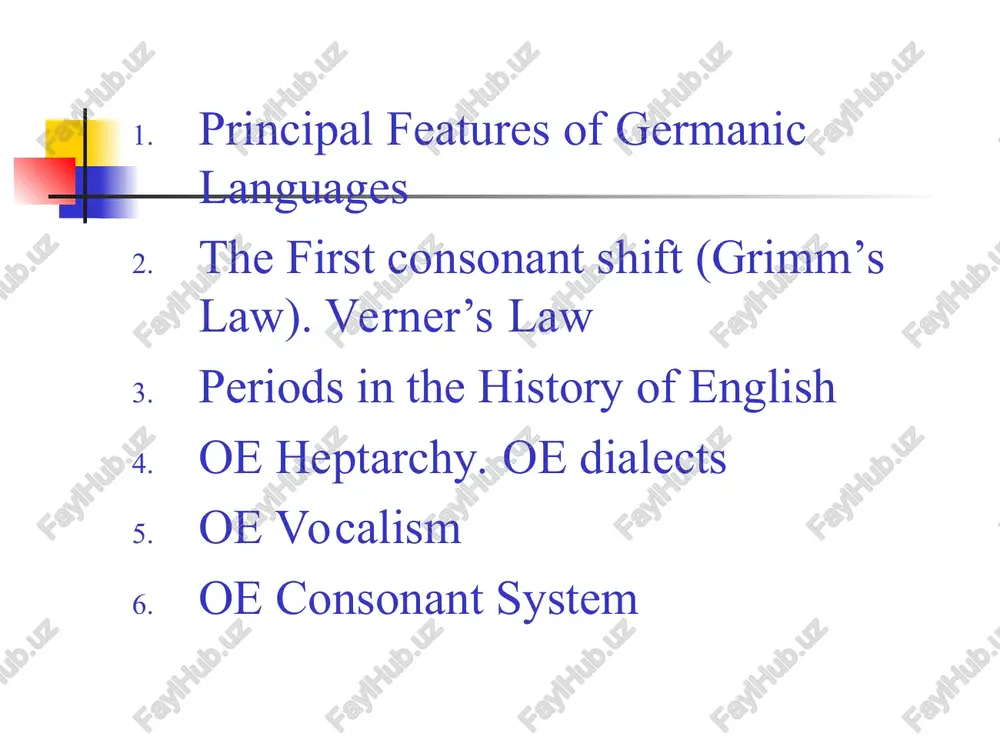 receding syllable was unstressed, but otherwise remained unchanged. latin centum - english hundred. verner’s law. pie f > gmc v pie th > gmc d lat pater – gth fadar pie k > gmc g pie s > gmc z > r in north and west germanic) = rotacizm gth. raisjan – oe ræran 3. periods in the history of english traditionally, the history of the english language is divided into 3 major periods. this division was first proposed by an english philologist, henry sweet, in 1873. periods in the history of english old english (anglo-saxon) (5 c.-1066) = the period of full inflexions; middle english (1066 – 1485) = of levelled inflexions; modern english (1485 - ...) = of lost inflexions. 4. oe heptarchy. oe dialects the earliest inhabitants of the british isles, were celtic speakers. the celts had been living in england until being invaded by the romans …