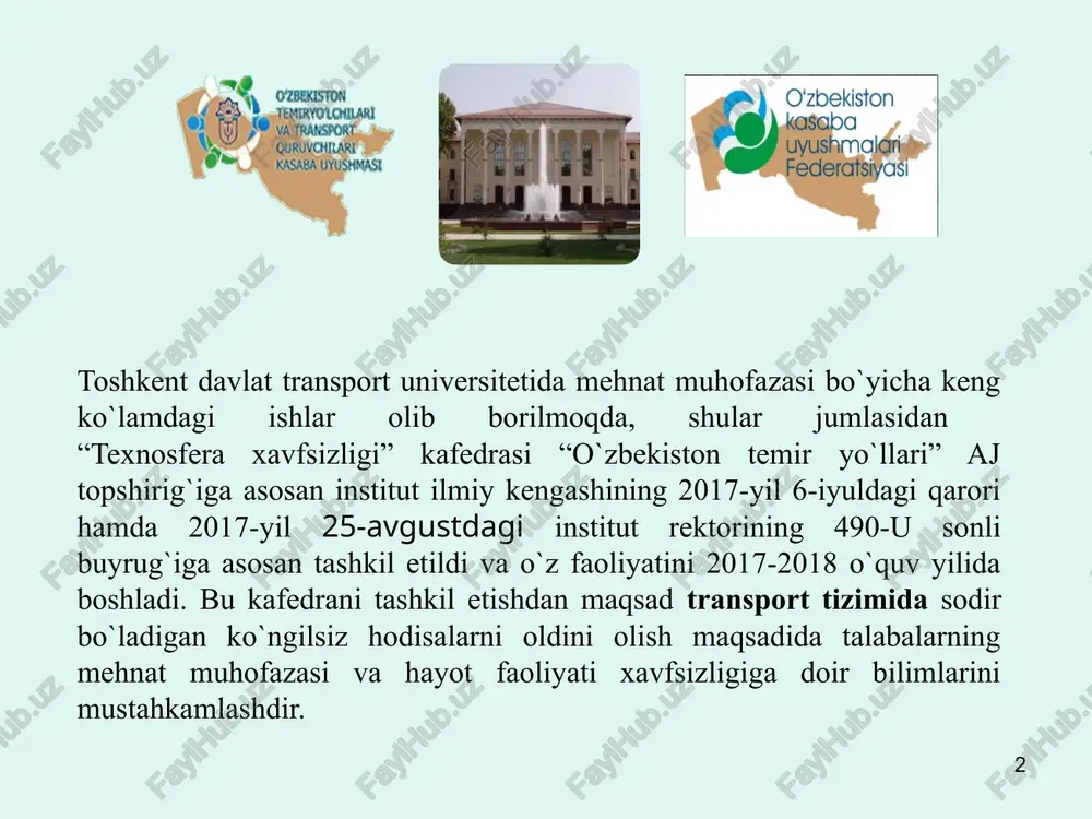 yotlar: 4 № arm dagi shifri muallif, adabiyot nomi, turi, nashriyot, yili, hajmi arm dagi nusxalar soni elektron nusxasi, manzili, formati 1. mark a friend, james p kohn, safety and health for engineers. 2007. an imprint of the scarecrow press inc. lanham, maryland, toronto, plymouth, uk - lib.tashiit.uz 2 kuznetsov k.b. bezopastnost texnologicheskix protsessov mgou 2003 g 3 lib.tashiit.uz 3 355.n.19 qudratov a., g’aniyev t., yo’ldoshev o’. va boshq. hayotiy faoliyat xaffsizligi. t. 2012 y. 21 lib.tashiit.uz 4 656.n. 79 normatov sh.n. mehnat muhofazasi. o'quv qo'llanma. t.: toshtymi. 2005y. 40 lib.tashiit.uz 5 658.o.926 sibarov yu.g. i dr. oxrana truda jeleznodorojnom transporte.uchebnoe posobie.m.:transport,1981g. 440 lib.tashiit.uz 6 355.t 60 tojiyev m., nigmatov y. hayot faoliyati xaffsizligi. t. 2012 y. 15 lib.tashiit.uz 7 o'zbekiston respublikasi konstituttsiyasi. toshkent. 1992 y. 30 lib.tashiit.uz 8 mehnat muhofozasi to'g'risida o'zbekiston respublikasi qonuni. toshkent, 2016 yil 22 sentyabr. 5 lib.tashiit.uz 9 krivoruchkonb.v., suyunbaevsh.m., shakirovaf.f. hayot faoliyati xavfsizligi 20 …