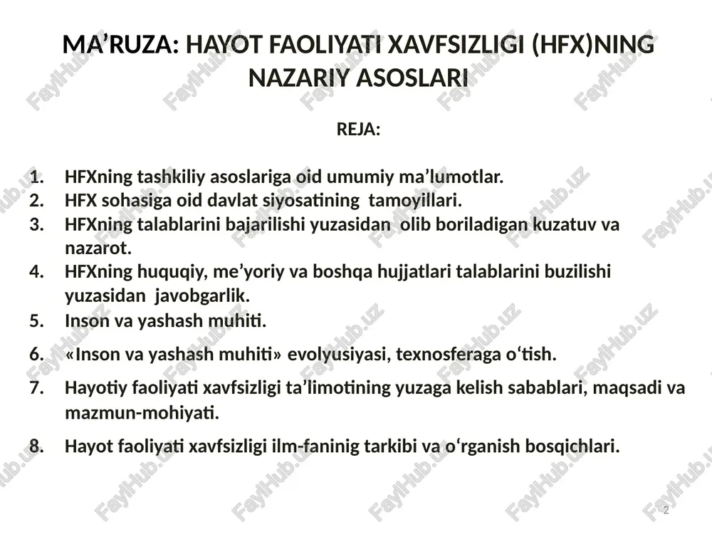 ni; -«radiatsion xavfsizlik to'g'risida» qonuni- o'zbekiston, 2000y.; -«fuqarolar sog'ligini muhofaza qilish to'g'risida» qonuni; 3.o'zbekiston respublikasi prezidenti farmonlari. 4.o'zbekiston respublikasi vazirlar mahkamasini qarorlari. 5.kmk 3.01.02-00. qurilishda xavfsizlik texnikasi. qurilish me'yorlari va qoidalari. t.2000 y. 6.bezopasnost jiznedeyatelnosti. proizvodstvennaya bezopasnost i oxrana truda. /p. p. kukin, v. l. lapin, n. l. ponomarev i dr.; ucheb. posobie dlya studentov srednix prof. ucheb. zave­deniy.— 2-e izd., ispr. i dop. — m.: vissh. shk., 2003.— 439 s. 4 7.bezopasnost jiznedeyatelnosti i promishlennaya bezopasnost: uchebnoe posobie. /pod red. prof. v.d. shantarina – tyumen: tyumgngu, 2001. – 283s. 8.bezopasnost jiznedeyatelnosti: uchebnik dlya vuzov/ b39 s.v. belov, a.v. ilnitskaya, a.f. kozyakov i dr.; pod obsh. red. s.v.belova. 7-e izd., ster.— m.: vissh.shk.,2007.—616 s. 9.g'.yormatov hayot faoliyati xavfsizligi. ma'ruzalar matni-toshkent: tdtu tipografiyasi,2005-361b. 10.m.tadjiev, ne'matov i. va b. favqulotda vaziyatlarda fuqora muhofazasi- toshkent,2003 – 260 s. 11.bezopasnost jiznedeyatelnosti /pod red. s.v. belova.- m.: «visshaya shkola», 1999-360s. 12.bezopasnost jiznedeyatelnosti / o.n. rusak, …