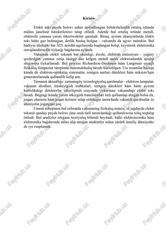 údá kem bolǵan keńislik ańlatıladı. ideal jaǵdayda vakumda hesh qanday bólekshe bolmaydı, yaǵnıy basım tolıq nolge teń dep qaraladı. biraq ámeliy tárepten absolyut vakum joq, sebebi hátte eń aldıńǵı laboratoriyalarda da tolıq bóleksiz ortalıqtı jaratıp bolmaydı. sol sebepli pande “texnikalıq vakum” yamasa “tolıq emes boslıq” túsinigi qollanıladı. vakum túsiniginiń qáliplesiwi áyyemgi zamanlarǵa barıp taqaladı. arastu hám basqa áyyemgi filosoflar tábiyaat “boslıqtı unatpaydi” degen qarawǵa iye bolǵan. xvii asirge shekem boslıq bar ekenligine kópshilik isenbegen. tek ǵana 1643-jılda italiyalıq alım evangelista torricelli sınaplı barometr járdeminde tájiriybe ótkerip, sınap ústindegi bos bólekte hawa joq ekenligin tastıyıqladı. sol kúnden baslap ilimde vakum bar ekenligi qabıllandı. xviii-xix ásirlerde vakum qurılmaları rawajlana basladi, otto fon gerike hawa nasosların jarattı hám ataqlı “magdeburg yarım sharlari” tájiriybesin ótkerdi. xx asrge kelip bolsa vakum texnologiyası elektronika, metallurgiya, optikalıqa hám keńislikdegi izertlewlerdiń ajıralmaytuǵın bólegine aylandı. 1.2. vakumning ólshew birlikleri vakum dárejesi ádetde basım menen ańlatıladı. tiykarǵı ólshew birlikleri: ólshem …