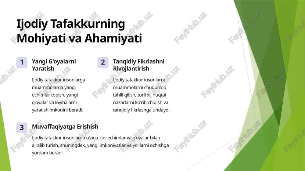 vizualizatsiya qilish, ularni tuzilishli ravishda tashkil etish. brainstorming birgalikda g'oyalarni ishlab chiqish, yangi g'oyalarni o'zaro qo'llab-quvvatlash. rol o'ynash turli rollarda o'ynash, boshqa nuqtai nazarlardan muammoni ko'rib chiqish. 6 ijodiy tafakkur jarayonlarida psixologik(hurmatli) omillarning roli ishonch o'z qobiliyatlariga ishonish, xato qilishdan qo'rqmaslik. motivatsiya yangi narsalarni o'rganishga, yaratishga bo'lgan qiziqish, maqsadga erishish istagi. qiziqish turli sohalarga qiziqish, yangi bilimlarni o'rganishga intilish. 7 ijodiy tafakkurni rivojlantirishning shakllar va metodlari san'at chizish, rasm chizish, haykaltaroshlik, musiqa, teatr. o'yinlar logik o'yinlar, mozaika, konstruktorlar, rollar o'ynash. o'qish adabiyot, fan, tarix, san'at haqida kitoblar o'qish. ijodkorlik mashqlari brainstorming, miya xaritasi, rol o'ynash, g'oya bo'roni. 8 ijodiy tafakkur ko'nikmalari va malakalarini shakllantirish tasavvur qilish yangi g'oyalar, tasvirlar, echimlarni yaratish. g'oyalarni ishlab chiqish g'oyalarni rivojlantirish, ularni takomillashtirish, o'zgartirish. amalga oshirish g'oyalarni amaliyotga tatbiq etish, loyihalarni amalga oshirish. 9 xulosalar va takliflar ijodiy tafakkurni rivojlantirish insonning shaxsiy va professional hayotida muhim rol o'ynaydi. bu jarayon doimiy o'z-o'zini rivojlantirishni, bilimlarni kengaytirishni, …