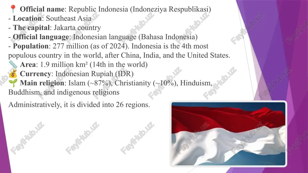 nched in the region. an average of 44.3 billion kwh of electricity is produced per year. foreign trade customers: japan, usa, singapore, germany the economy of indonesia is a mixed economy with dirigiste characteristics.the indonesian economy is the largest and most developed market economy in southeast asia. as an upper-middle income country and member of the g20, indonesia is classified as a newly industrialized country. indonesia is among the top 10 countries in the world in terms of gdp. indonesia's internet economy reached us$77 billion in 2022, and is expected to cross the us$130 billion mark by 2025. about 60% of the population lives on the island of java, making it one of the most densely populated places on the planet. the capital of indonesia, jakarta, is also located on java. s – strengths (kuchli tomonlari ) ✅ large economy – has the largest economy in southeast asia. ✅ rich …