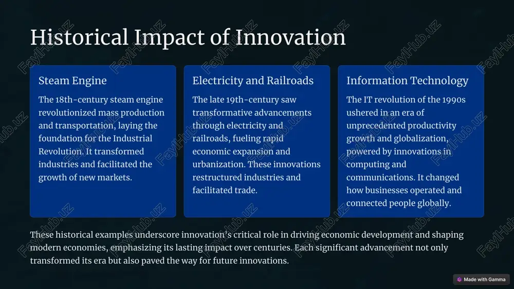 2% u.s. funding share (2021) the united states remains a leading funder of global r&d, underscoring its commitment to innovation and technological advancement. 2.7% oecd average r&d investment oecd countries invest an average of 2.7% of their gdp in r&d, emphasizing its role in driving innovation and economic expansion. the upward trajectory of global r&d spending highlights its pivotal role in fostering innovation, economic development, and global competitiveness. increased investment drives discoveries and fosters collaboration. 3 innovation and productivity growth increased productivity innovation boosts economic growth primarily by increasing productivity. higher productivity translates to greater value created per dollar invested, driving wage and gdp growth. efficient markets efficient labor and capital markets are crucial for realizing innovation's economic potential. creative destruction reallocates resources towards more productive uses. recent productivity slowdowns have impacted wage growth, underscoring the need for policies that support innovation and resource reallocation. efficient markets and creative destruction …