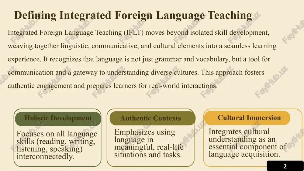 of other cultures and perspectives. autonomous learning empower students to become self-directed and lifelong language learners. 5 4 core objectives: linguistic proficiency ---achieving linguistic proficiency is foundational. this involves mastering the structural components of the language, enabling clear and accurate expression. grammar mastery accurate use of tenses, moods, and sentence structures. understanding and applying syntactical rules. formulating grammatically correct and coherent expressions. vocabulary acquisition expanding lexical repertoire across various topics. grasping nuances of word meanings and appropriate usage. developing strategies for independent vocabulary growth. 6 5 core objectives: communicative competence & interaction  beyond correct grammar, iflt emphasizes the ability to use language effectively and appropriately in diverse communicative contexts. speaking skills engaging in dialogues and discussions. presenting information clearly and confidently. listening comprehension understanding spoken language in various accents. extracting key information from audio. writing proficiency composing clear and coherent texts. adapting writing style to different genres. reading comprehension …