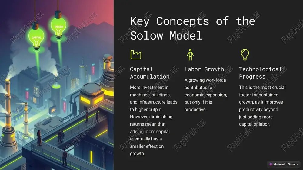 capital, are not directly included in the model. diminishing returns the assumption of diminishing returns to capital and labor may not always hold true in real-world scenarios. 5 capital accumulation the solow model explains economic growth through capital accumulation, given by the equation: 𝐾 ˙ = 𝑠 𝑌 − 𝛿 𝐾 where: 𝐾 ˙ = change in capital stock, 𝑠 𝑌 = investment, 𝛿 𝐾 = depreciation. capital accumulation continues until the economy reaches a steady-state equilibrium. investment increase savings and investment rates to fuel capital accumulation. depreciation manage depreciation through maintenance and technological upgrades. steady-state achieve equilibrium where capital accumulation balances depreciation. 6 applying the solow model to developing countries increase capital investment build infrastructure: roads, energy, and communication networks improve productivity. encourage foreign direct investment (fdi): countries like vietnam and bangladesh have attracted fdi to boost industrialization. develop local industries: investing in manufacturing and agriculture creates long-term growth. …