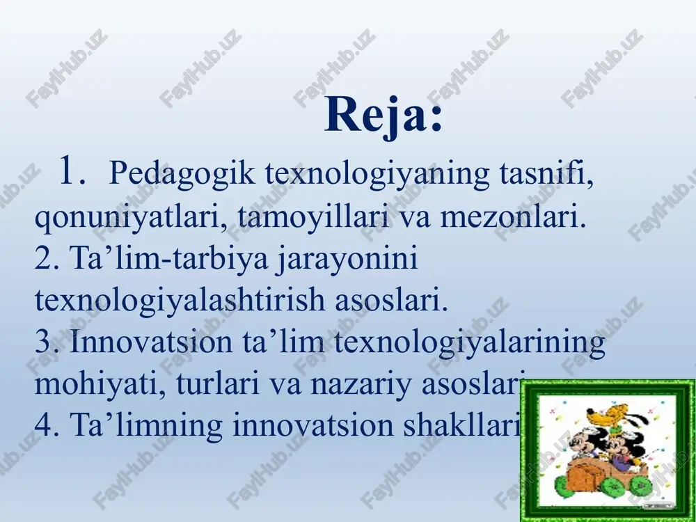 i boshqasiga joriy qilish ma’nosini bildirgan. uning bu ma’nosi hozirgacha etnografiyada saqlanib qolgan. xx asr boshlarida yangi bilim soha-yangiliklarni kiritish, qo’llash yuzaga keldi. u mahsulot ishlab chiqarish sohasida texnik yangiliklarni kiritish qonuniyatlarini o’rgana boshladi. yangiliklarni kiritish haqidagi fan – innovatika firmalarning yangi reja, xizmatlarni ishlab chiqish va tatbiq etish faoliyatiga talablarni keskin oshib borishi aks ettirilgan holda paydo bo’ldi. 30 yillarda aqshda “firma innovatsion siyosati”, “innovatsion jarayon” atamalari peydo bo’ldi. pedagogik innovatsion jarayonlarni g’arbda 50 yillar oxirlaridan boshlab bizning mamlakatimizda keyingi 10 yillikdan boshlab olimlar maxsus o’rgana boshladilar. “innovatsion ta’lim” tushunchasi birinchi bor 1979 yilda “rim klubi”da qo’llanilgan. pedagogik innovatikalarni hayotga tadbiq etishning tashkiliy asoslari to’pla tanla qo’lla innovatsion texnologiyalarning barcha jarayonlarini quyidagilarga ajratish mumkin: yangi g’oyalar izlash bosqichi yangiliklar yuzaga keltirish bosqichi yangiliklar kiritishni amalga oshirish yangiliklarni mustahkamlash yangiliklarni tadbiq etishni tashxis qilish yo’llarini tahlil etish quyidagi asosiy vazifalarni belgilashga imkon beradi: ko’zlangan yangilikni kiritishdan maqsad umumiy va uning …