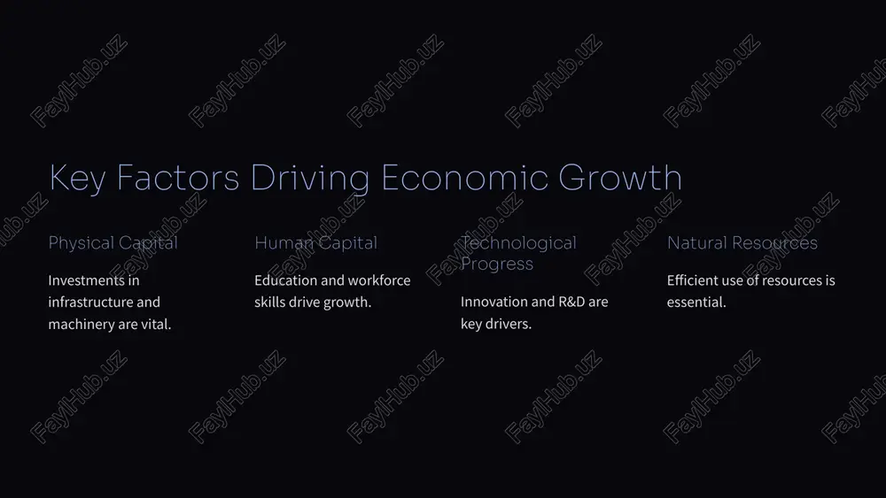 man capital and education 1 education invest in human capital. 2 improved health leads to productive workforce. 3 quantifiable impact higher earnings with schooling. 8 technological progress and innovation r&d creates new technologies. government policies promote innovation. entrepreneurship commercializes technology. 9 the role of institutions secure property rights 1 rule of law 2 control of corruption 3 10 government policies for economic growth fiscal policy invest in infrastructure. monetary policy maintain stable prices. trade policy promote open trade. regulatory policy balance regulation. 11 development beyond gdp 1 income distribution 2 poverty reduction 3 environmental sustainability 12 limitations and further considerations model limitations doesn't account for all factors. social factors inequality and conflict matter. endogenous growth knowledge drives long-run growth. 13 image1.png image2.png image3.jpeg image4.png image5.jpeg image6.jpeg image7.png image8.jpeg image9.jpeg image10.jpeg image11.jpeg image12.png image13.png image14.png image15.png image16.png image17.png image18.jpeg image19.png image20.png image21.png image22.png 4 made with gamma 00 150 loo loo …