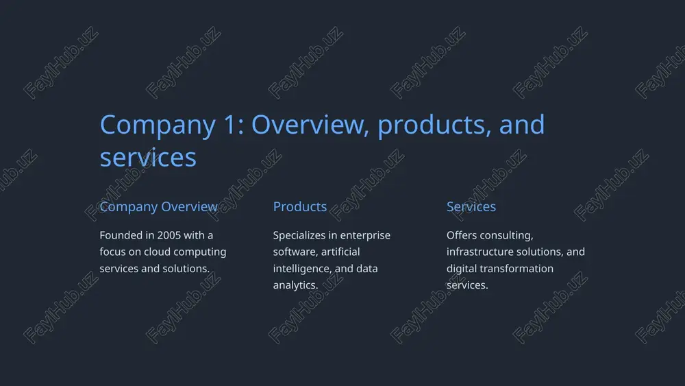 ata analytics. 7 company 7: overview, products, and services 24b annual revenue one of the top revenue-generating it companies globally. 15k+ employees a large, diverse workforce making significant contributions in the it industry. 8 company 8: overview, products, and services company overview established in 1984, specializing in hardware, software, and it services. products offers a wide range of consumer electronics, enterprise hardware, and software solutions. services provides it consulting, infrastructure management, and software development services. 9 conclusion and key takeaways 1 industry impact these leading it companies continue to shape and redefine the tech landscape. 2 innovation constantly pioneering new technologies and setting global benchmarks. 3 global reach extensively contributing to technological advancement worldwide. 10 image1.jpeg image2.png image3.jpeg image4.jpeg image5.png image6.png image7.png image8.jpeg image9.png image10.png image11.png image12.png 4 made with gamma factors in product decision type of material (metal, plastic, cloth, etc.) size shape smell