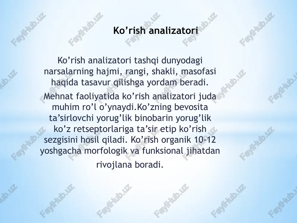 ashkil etadi. no’g’ora parda fibroz to’qimadan tuzulgan, elastik, u tovushni o’rta quloqqa o’tkazadi. orta quloq no’g’ora bo’shlig’idan eshitish suyakchalaridan va yevstaxy nayidan iborat bo’lib maxsus kanal yoradamida burun halqumga tushadi. qulog’ning tuzilishi 1 quloq suprasi. 2 tashqi eshituv yo’li. 3 quloqning nog’ora pardasi. 4 eshituv suyaklari. 5 ichki quloq. tovush tebranishi havo to’lqinlari nog’ora pardaga ta’siri natijasida quloq eshitadi. havoning tebranishi tashqi eshitish yo’li orqali no’g’ora pardani tebratadi. odam qulog’inig muayyan chegarasi bo’lib sekundiga 14 martadan to 2000 martagacha tebranishdagi tovushlarni sezadi. yosh ulg’ayishi bilan quloqning tovush sezish chegarasi kamayib boradi. odam qulog’i 1000 dan 4000 gacha gersdagi tovush to’lqinlarini sezadi.bola tug’ilishi bilan eshitish analizatori ishlay boshlaydi. eshitish analizatorining funksional rivijlanishi 6-7 yoshgacha davom etadi. 14-15 yoshda eshitish sezgirligi juda susayadi, so’ngra orta boradi. spdp 314 mulladjanova mohinur eitibotingiz uchun raxmat image1.jpeg image2.jpeg image3.jpeg /docprops/thumbnail.jpeg * ko'rish va eshitish analizatorlari