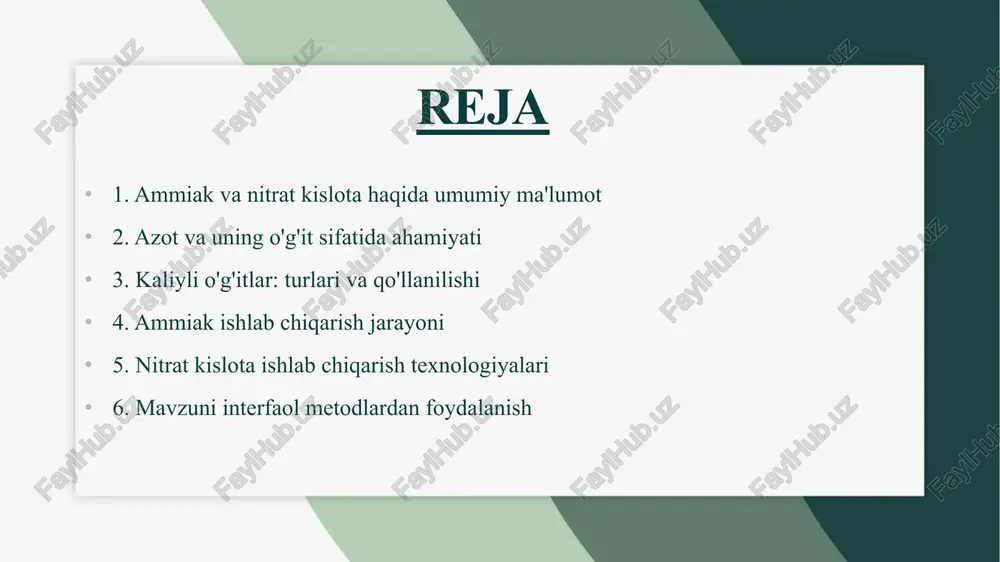 t o'simliklar uchun tezda mavjud bo'lgan azotni taqdim etadi. azotning o'g'it sifatidagi roli azot o'simliklar uchun muhim element bo'lib, ularning o'sishi va rivojlanishi uchun zarur. o'simliklar azotni asosan ammiak va nitrat shaklida qabul qiladi. azotli o'g'itlar, masalan, ammiakli selitra, o'simliklarning fotosintez jarayonida muhim rol o'ynaydi va ularning mahsuldorligini oshiradi. azotli o'g'itlarning turlari azotli o'g'itlar uch xil asosiy turga bo'linadi: ammiakli, nitratli va urea. har bir turi o'simliklar tomonidan turlicha qabul qilinadi va ularning o'sishiga turlicha ta'sir ko'rsatadi. ammiakli o'g'itlar tez ta'sir ko'rsatadi, nitratli o'g'itlar esa uzoq muddatli ta'sirga ega. tushunchalar tahlili metodi tushuncha ta’rif misol azotli o’g’itlar o’z tarkibida azot ( n ) saqlovchi mineral o’g’itlar ammoniy selitra , karbamid, ammiakli suv kaliyli o’g’itlar kaliy (k) elementini o’zida saqlovchi mineral o’g’itlar kaliy xlorid , kaliy sulfat fosforli o’g’itlar fosfor saqlovchi o’g’itlar , o’simlik ildizi rivojlanishida muhim superfosfat , ammafos , fosforit uni ammafos azot va fosforni birgalikda saqlovchi kompleks o’g’it …