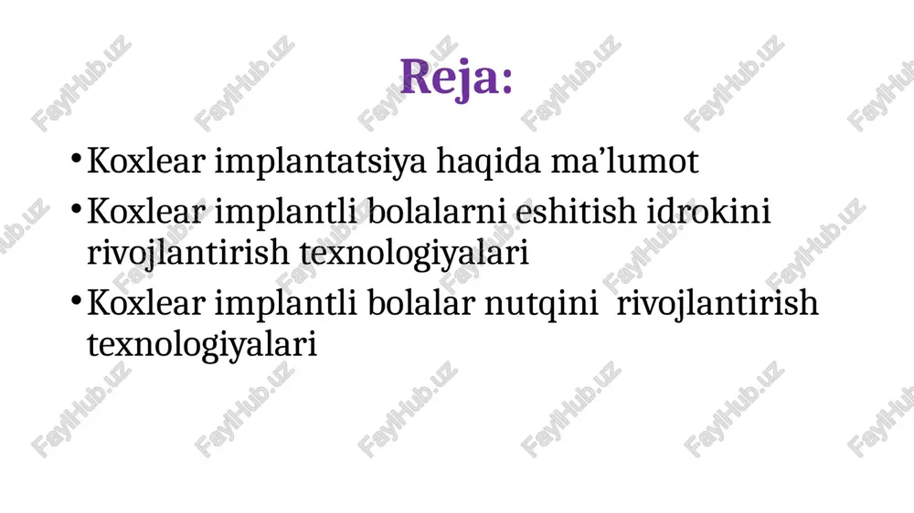 gan odamga tovushni idrok etishni taʼminlaydi. terapiya yordamida koxlear implantlar sokin va shovqinli muhitda nutqni tushunishni yaxshilashga imkon beradi implant ikkita asosiy komponentdan iborat. tashqi komponent odatda quloq orqasiga taqiladi, lekin bolalarda kiyimga ham biriktirilishi mumkin. ushbu komponent, tovush protsessorida mikrofonlar, elektron qurilmalar, raqamli signal protsessorlari (dsp) chiplari, batareya va teri boʻylab implantga signal uzatuvchi gʻaltak mavjud. ichki komponent, yaʼni haqiqiy implant, signallarni qabul qilish uchun spiral, elektronika va chigʻanoq ichiga joylashtirilgan elektrodlar majmuasiga ega boʻlib, ular koxlear nervni ragʻbatlantiradi bir nechta tizimlar mavjud, ammo ular odatda quyidagi komponentlarga ega: tashqi: atrof-muhitdan tovushni qabul qiladigan bir yoki bir nechta mikrofon eshitiladigan nutqqa ustuvorlik berish uchun ovozni tanlab filtrlaydigan nutq protsessori quvvat va qayta ishlangan tovush signallarini teri boʻylab radiochastota uzatish orqali ichki qurilmaga yuboradigan transmitter ichki: nutq protsessoridan signallarni qabul qiluvchi va ularni elektr impulslariga aylantiruvchi qabul qiluvchi/stimulyator koklea ichiga oʻrnatilgan elektrodlar majmuasi koxlear implant – (yunoncha coclea – chig’anoq) …