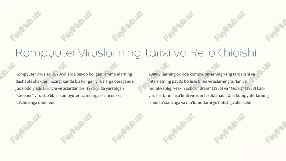 i antivirus dasturlaridan himoya qilishni qiyinlashtiradi. 4 virus yoqilishi va ularni bartaraf etish usullari worm ular o'zlarini tarqatish uchun tarmoqdan foydalanadilar va boshqa kompyuterlarga zarar etkazishadi. trojan ular o'zlarini foydali dastur sifatida maskalashtiradi, ammo kompyuterga zarar etkazish uchun ishlatiladi. spyware ular foydalanuvchi haqidagi ma'lumotlarni yig'ish va ularni uchinchi shaxslarga yuborish uchun ishlatiladi. ransomware ular foydalanuvchining ma'lumotlarini shifrlaydi va uni qaytarib olish uchun pul talab qiladi. 5 antivirus dasturlar tizimi va ularning afzalliklari 1 antivirus dasturlari viruslarni aniqlash va yo'q qilish uchun mo'ljallangan dasturiy ta'minotdir. ular kompyuter tizimini skanerlaydi va ma'lumotlar bazasida saqlangan viruslarning imzolarini qidirishadi. 2 antivirus dasturlari odatda viruslarni aniqlash, zararni bartaraf etish, kompyuterni real vaqtda himoya qilish, zararli veb-saytlarni bloklash va ma'lumotlarni shifrlashni o'z ichiga oladi. 3 antivirus dasturlari foydalanuvchiga o'zlarining tizimlarini himoya qilish va viruslardan zarar ko'rmaslik imkoniyatini beradi. ular viruslarni aniqlash va o'chirishga yordam beradi va bu ularning ma'lumotlarini himoya qilishga yordam beradi. 6 kompyuter viruslaridan …