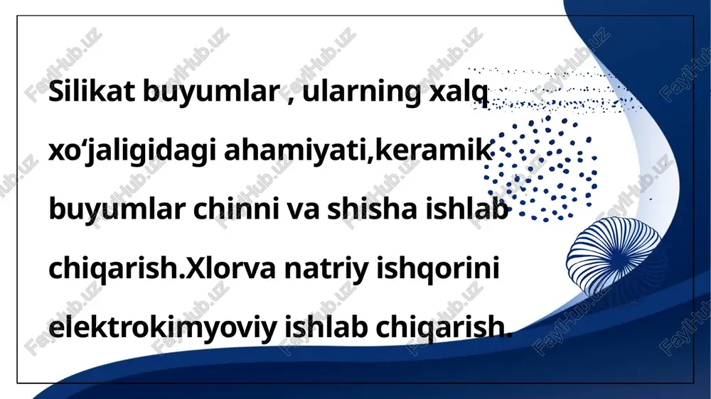 ng qo'llaniladi. bu buyumlar, nafaqat funktsional, balki estetik jihatdan ham ahamiyatga ega. silikat buyumlar va ahamiyati xalq xoʻjaligidagi roli silikat buyumlar haqida umumiy ma'lumot silikat buyumlar, asosan, keramika, chinni va shisha ishlab chiqarishda asosiy material sifatida xizmat qiladi. ular ko'plab sohalarda, jumladan, qurilish, san'at va kundalik hayotda keng qo'llaniladi. ularning mustahkamligi va estetik ko'rinishi ularni iqtisodiyotda muhim o'rin tutadi. silikat materiallar, shuningdek, ekologik jihatdan toza va qayta ishlanadigan xususiyatlarga ega. silikat buyumlarning iqtisodiy ahamiyati silikat buyumlar iqtisodiyotimizda muhim ahamiyatga ega, chunki ular ko'plab sanoat tarmoqlarida foydalaniladi. ular qurilish materiallari sifatida, shuningdek, uy-ro'zg'or buyumlari va san'at asarlarini yaratishda ishlatiladi. bu buyumlar xalq xoʻjaligiga katta hissa qo'shadi. silikat buyumlar va ularning imkoniyatlari xlorva natriy ishqorini elektrokimyoviy ishlab chiqarish jarayonida silikatlar ham muhim rol o'ynaydi. ular bu jarayonni samarali va iqtisodiy jihatdan foydali qilishda yordam beradi. shisha ishlab chiqarishda silikatlar, ayniqsa, yuqori haroratlarda mustahkamlik va o'zgaruvchanlikni ta'minlaydi. bu, o'z navbatida, shisha mahsulotlarining sifatini …