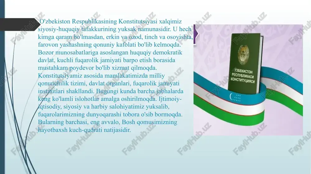 i, erkinligi, sha’ni va qadr-qimmati oliy qadriyat hisoblanadigan insonparvar demokratik davlatni, ochiq va adolatli jamiyatni barpo etish borasida hozirgi va kelajak avlodlar oldidagi yuksak mas’uliyatimizni anglagan holda, davlatchiligimiz rivojining uch ming yildan ziyod tarixiy tajribasiga, shuningdek jahon sivilizatsiyasiga beqiyos hissa qo‘shgan buyuk ajdodlarimizning ilmiy, madaniy va ma’naviy merosiga tayanib, mamlakatimizning bebaho tabiiy boyliklarini ko‘paytirishga hamda hozirgi va kelajak avlodlar uchun asrab-avaylashga hamda atrof-muhit musaffoligini saqlashga astoydil ahd qilib, xalqaro huquqning umume’tirof etilgan prinsip va normalariga asoslangan holda, o‘zbekistonning jahon hamjamiyati, eng avvalo, qo‘shni davlatlar bilan do‘stona munosabatlarini hamkorlik, o‘zaro qo‘llab-quvvatlash, tinchlik va totuvlik asosida mustahkamlash hamda rivojlantirishga intilib, fuqarolarning munosib hayot kechirishini, millatlararo va konfessiyalararo totuvlikni, ko‘p millatli jonajon o‘zbekistonimizning farovonligini va gullab-yashnashini ta’minlashni maqsad qilgan holda, ushbu konstitutsiyani qabul qilamiz va e’lon qilamiz. xalq — davlat hokimiyatining birdan-bir manbai yangi tahrirdagi konstitutsiya 7-moddasi birinchi bandida «xalq davlat hokimiyatining birdan-bir manbai», degan norma belgilab qo‘yilgan. bu norma timsolida o‘zbekiston respublikasida …
