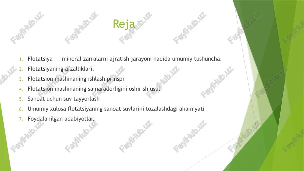 ta'minlaydi. aylanma suvlarning tozaligi, ularning qayta ishlanishi va ekologik xavfsizligi uchun juda muhimdir. flotatsiyaning afzalliklari 1. ilovaning keng doirasi va kuchli moslashuvchanligi. rangli metallar, nodir metallar va nodavlat metallar kabi turli xil mineral sohalarga qo'llanilishi mumkin va kimyoviy, qurilish materiallari, atrof-muhitni muhofaza qilish, qishloq xo'jaligi, tibbiyot va boshqa sohalarda keng qo'llanilgan. 2. yuqori darajadagi saralash samaradorligi, past darajadagi va nozik ko'milgan minerallarni qayta ishlash uchun javob beradi. 3. foydali qazilmalarni har tomonlama tiklanishiga turtki. boyitishni boshqa usullari bilan olingan qo'pol kontsentratlar, o'rtacha rudalar yoki chiqindilar keyinchalik kontsentratlar tarkibini, unumdorligini oshirish va undagi foydali tarkibiy qismlarni har tomonlama qayta tiklash uchun qayta ishlanishi mumkin. flotatsion mashinaning samaradorligini oshirish usuli (1) birinchidan, dorilarni tanlash (2) seriyali uyasi parallel uyadan tezroq. (3) tanlash tankining hajmi mos bo'lishi kerak. (4) flotatsiya mashinasi pervanelining tezligini oshiring va tegishli diapazondagi truba chuqurligini kamaytiring. sanoat uchun suv tayyorlash sanoat uchun suv tayyorlash suvdan molekular - erigan, kolloid …