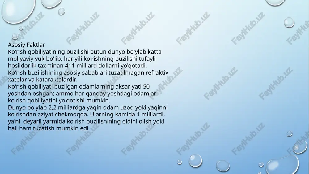 mutlaqo ko'r. mutlaq ko'rlik bilan, ikkala ko'zda ham vizual hislar butunlay yo'q. 2. yorug'likni sezuvchi ko'r. to'g'ri proyeksiya bilan yorug'lik hissi bo'lgan bolalar yorug'lik yo'nalishini to'g'ri ko'rsatishi mumkin, noto'g'ri proyeksiya bilan yorug'lik hissi bo'lgan bolalar yorug'lik qayerdan kelganini ko'rsata olmaydi. 3. yorug'lik idroki va rang idrokiga ega bo'lgan ko'r odamlar, ya'ni ular nafaqat yorug'likni qorong'ulikdan ajrata oladilar, balki ranglarni farqlashni ham o'rganadilar. 4. oddiy ko'rish keskinligining mingdan bir qismiga ega bo'lgan ko'r bolalar (taxminan 0,005 dan 0,009 gacha). qulay sharoitlarda ular yuzning oldida qo'lning harakatlarini ko'radilar, juda yaqin masofada ular ob'ektlarning ranglarini, konturlarini va siluetlarini ajrata oladilar. 5. shakllangan (ob'ektiv) qoldiq ko'rish qobiliyatiga ega ko'r odamlar. ushbu guruhga ko'rish keskinligi 0,01 dan 0,04 gacha bo'lgan bolalar kiradi. tifloliteraturada ular qisman ko'ruvchi yoki qisman ko'ruvchi deyiladi. 6. “ko‘r” toifasiga ko‘rish keskinligi yuqori bo‘lgan (1,0 gacha, ya’ni 100% gacha) bolalar ham kiradi, ularda ko‘rish maydoni chegaralari 10-15 gradusgacha yoki fiksatsiya nuqtasigacha torayadi. …