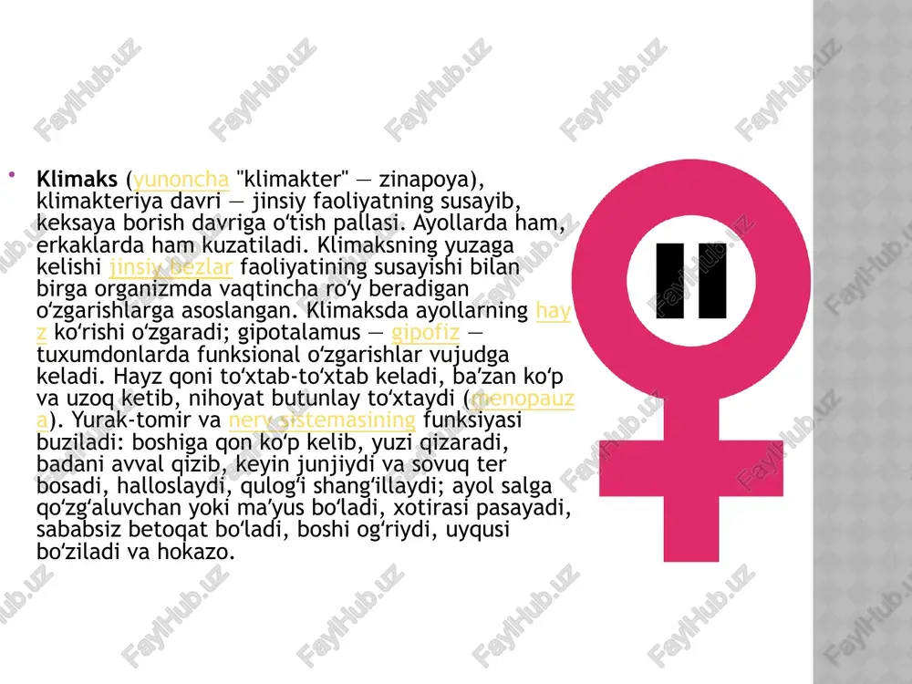 adi. klimaks, erkak yo ayol organizmida kechishidan qatʼiy nazar, unga xos dastlabki alomatlar paydo boʻlishi bilan vrachga uchrashish va tegishli maslahatlar olish zarur. yordam choralari shifokorlarning yordamiga murojaat qilmasdan klimaks davrida vaziyatni yengillashtirishga harakat qilish mumkin. biroq, ular vaqtincha chora bo’lib, imkon bo’lib, ginekologga tashrif buyurgungacha vaqtda foydalanish maqsadga muvofiq bo’ladi. tunda uxlashga harakat qilish. bu qahva va achchiq qora choy ichishni cheklash degani. ularni qon bosimi past bo’lganda qabul qilish mumkin, biroq shunda ham bir finjondan kop bo’lmagan miqdorda. uxlashdan oldin kontrastli dush qabul qilish. bu muolaja qon tomirlari va asab tizimiga foydali ta’sir ko’rsatadi. dushni iliq suv bilan boshlash va iliq suv bilan tugatish lozim. agar bunday muolajaga to’liq tayyor bo’lmasangiz, dastlabki vaqtlarda qo’llar uchun kontrast vannalardan boshlash tavsiya etiladi. tinchlantiruvchi o’tlar qabul qilish. bu kayfiyatni ko’tarishga va uyquni normallashtirishga yordam beradi. bunday vositalar qabulini boshlashdan oldin xavfsizlik maqsadida dastlab shifokor bilan maslahatlashish ayollar uchun bu davrda hayotdagi …