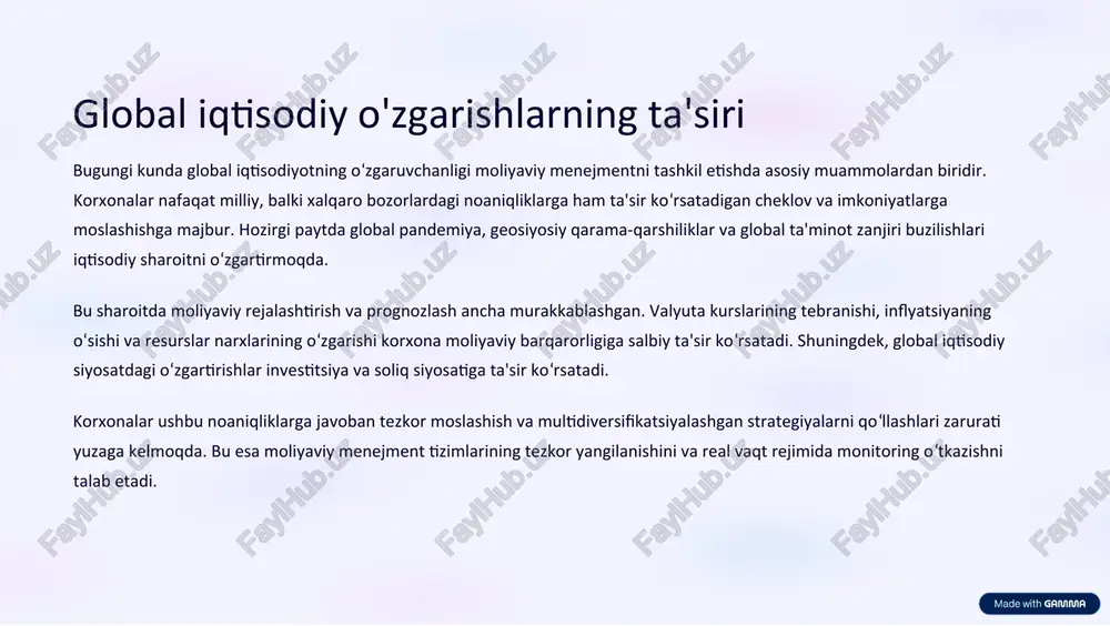 angilanishini va real vaqt rejimida monitoring o‘tkazishni talab etadi. raqamli texnologiyalarning integratsiyasi moliyaviy menejment sohasida raqamli texnologiyalarni joriy etish korxonalarga jarayonlarni avtomatlashtirish imkonini beradi. shu bilan birga, bu jarayon bilan bog‘liq qator muammolar ham yuzaga keladi, xususan, eski tizimlarni yangilash, xodimlarning texnologiyalarni o‘zlashtirishi va malaka oshirishi, hamda katta hajmdagi ma'lumotlarni xavfsiz boshqarish. blokcheyn, sun’iy intellekt va katta ma’lumotlar (big data) kabi ilg‘or texnologiyalar moliyaviy operatsiyalarni tezlashtirish va xatoliklarni kamaytirishga ko‘maklashadi. ammo ularning integratsiyasi xarajat talab qiluvchi, murakkab va ko‘pincha xavfsizlikka oid yangi tahdidlarni yuzaga keltiruvchi jarayon bo‘lib qolmoqda. korxonalar uchun asosiy vazifa – texnologik yechimlarni tanlashda ularning amal qilish sohasini, malaka darajasini va moliyaviy quvvatini hisobga olish. shuningdek, tezkor o‘zgaruvchan raqamli muhitda moslashuvchanlikni ta’minlash uchun doimiy investitsiyalar va o‘quv dasturlarini tashkil etish zarur. moliyaviy xavfsizlikni ta'minlash korxonalarda moliyaviy xavfsizlikni ta'minlash bugungi kunda katta dolzarb masalalardan biridir. kiberxavfsizlik tahdidlari, moliyaviy firibgarlik, ichki nazorat kamchiliklari va ma'lumotlarning noto‘g‘ri boshqarilishi korxonaning moliyaviy barqarorligini …