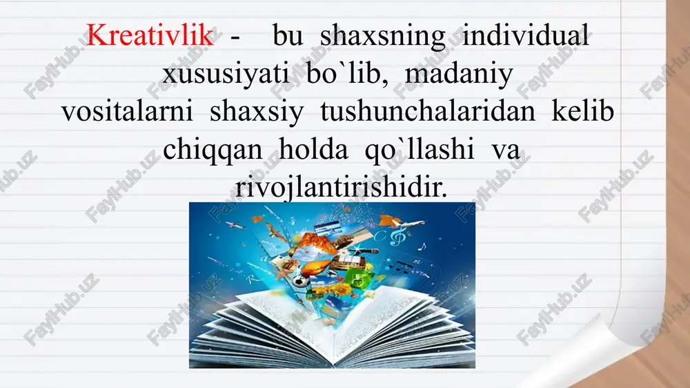 ik masalasiga bevosita murojaat etgan pedagog olim pedagogika fanlari doktori, professor r.a.mavlonova o`zining ilmiy ishlarida kreativlik haqida baholi qudrat fikrlar bildirgan. uning «boshlang`ich ta`limda innovatsiya», «boshlang`ich ta`lim pedagogikasi, integratsiyasi, innovatsiyasi» nomli o`quv qo`llanma va darsliklarida kreativlikka alohida to`xtab o`tgan. odam bolasining rivojlanishi – bu muhim jarayon sanaladi. ma`lumki, hayoti davomida inson jismoniy va ruhiy tomondan o`zgarib boradi. lekin bolalik, o`smirlik va o`spirimlik davrida rivojlanish nihoyatda kuchli bo`ladi. bola mana shu yillarda ham jismoniy, ham ruhiy jihatdan o`sishi, o`zgarishi tufayli shaxs sifatida kamolga etadi, bunda berilayotgan tarbiya maqsadga muvofiq ta`sir etishi natijasida bola jamiyat a`zosi sifatida kamol topib, murakkab ijtimoiy munosabatlar tizimida o`ziga munosib o`rin egallaydi. e`tboringiz uchun rahmat. image2.jpeg image3.jpg image4.jpg image5.jpg image6.jpg image7.jpeg image8.jpeg image9.jpeg image10.jpg image11.jpg image12.jpeg image13.jpg image1.jpg ‘creative early years /docprops/thumbnail.jpeg kreativ ta’timdan goshtang ich ta'tim tizimida foydatanish.