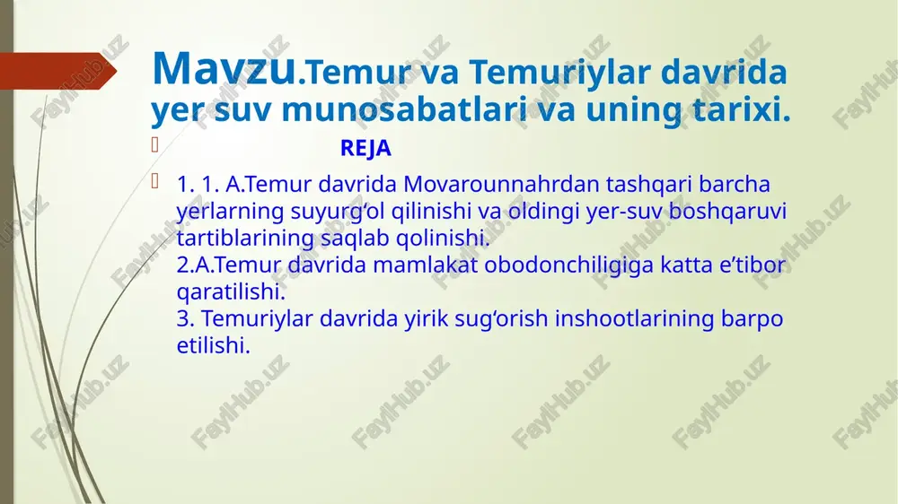 tariqasida berilgan. . ba’zan suyurg‘ol yerlarini olib hukmdorning farmoni bilan avloddan - avlodga meros bo‘lib o‘tgan. masalan, a.temurning to‘ng‘ich o‘g‘li jahongir mirzo vafotidan keyin unga tegishli balx viloyatiga qobul, g‘azna va qandahorni qo‘shib, jahongirni o‘g‘li pirmuhammadga berildi. shuningdek, a.temur umarshayxning o‘g‘li rustamga isfaxonni, mironshohning o‘g‘li abdubakirga bog‘dodni suyurg‘ol qilib berildi. mana shu tarzda movarounnahrdan tashqari mamlakat bir qancha bo‘laklarga bo‘linib ketdi. viloyat hokimlari shahzodalar o‘z ixtiyoridagi uluslarda doimo iloji boricha mustaqil hukmronlik qilishga intilar edi. markaziy hukumat esa vaziyat jiddiylashgan paytlardagina ularning ichki ishlariga aralashar edi. shubhasiz suyurg‘ol asosida qurilgan mulkchilik tartibining g‘oyatda kuchayishi oqibatida ayrim viloyatlarning ma’lum darajada mavqeining oshishiga olib kelgan va ichki nizolarni keltirib chiqargan. lekin katta hudud va imtiyozlarga ega bo‘lgan, kuchli qo‘shinga tayangan buyuk hukmdor viloyatlarning feodal doiralari tomonidan ko‘tarilgan isyonlarni va xalq harakatlarini doimo osongina bostira olgan. a.temur shaharlardagi qurilishlardan tashqari samarqand atrofida o‘zining yaqinlariga atab ko‘pgina go‘zal bog‘lar qurdirdi. bog‘idilkusho, bog‘ichinor, bog‘ibixisht, bog‘ibaland, …