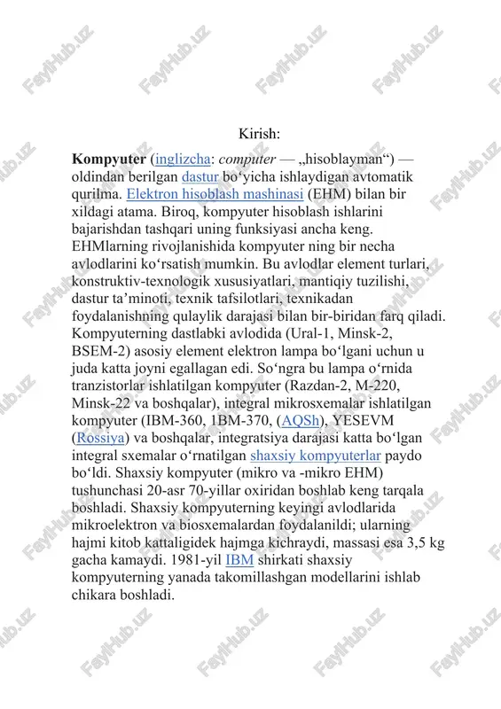 aniladigan komponentlar (tarkibiy qismlar) tarkibi va tavsifi jihatdan bir-biridan farq qiladi. murakkab masalalarni yechishda kuchli qurilmalar urnatilgan kompyuterdan, qujjatlarni bosishda harf bosish qurilmasi boʻlgan kompyuterdan foydalaniladi. istalgan kompyuter tizimlar bloki, monitor va klaviaturadan iborat boʻladi. kerak boʻlganda boʻlardan tashqari boshqa qurilmalar ham ulanadi. tizimlar bloki da kompyuterning ishlashi uchun zarur muhim qismlar (diskni yuritkich, vinchester — qattiq disk, mantiqiy amallarni bajaruvchi mikrosxemalar) boʻlib, unga qolgan qurilmalar ulanadi. monitor (displey) matn va turli tasvir kurinishidagi axborotlarni ekranda aks ettiradi. klaviatura kompyuterga buyruq va turli axborotlarni kiritadi. koʻpincha, kompyuter tarkibiga „sichqon“ manipulyatori va printer kiritiladi. „sichqon“ ikki yoki uchta knopkasi (tugmasi) boʻlgan qurilma boʻlib, uning yordamida kompyuter ishini osonlashtiradi. printer esa axborotlarni qogʻozga tushirish uchun xizmat qiladi. zamonaviy kompyuterlar, asosan, toʻrt qurilma: boshqarish, protsessor, xotira va kiritish-chiqarish qurilmalaridan iborat. boshqarish qurilmasi kompyuterning barcha qurilmalari ishini muvofiklashtiradi va boshqaradi. protsessor kompyuterning asosiy qurilmasi boʻlib, axborotlarga ishlov beradi, yaʼni hisoblash amallari, solishtirish va uzatish …