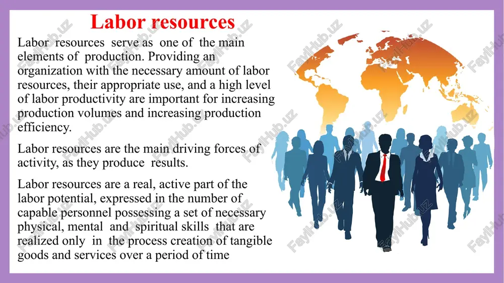 employed (functioning in the economy) people and unemployed people, but capable of starting work at any time. thus, labor resources are real and potential workers yu. m. ostapenko believes that this is “the working part of the popu-lation that has the physical development, mental abilities and knowledge necessary to perform useful work in the national economy” 5 labor productivity labor productivity is the value of goods and services produced in a period of time, divided by the hours of labor used to produce them. labor productivity measures output produced per unit of labor, usually reported as output per hour worked or output per employed person. increases in labor productivity are driven by technological change, improvements in efficiency, improvements in the quality of labor, and capital deepening (when more capital is added to a given amount of labor). labor productivity, also known as workforce productivity, is an economic indicator that helps …