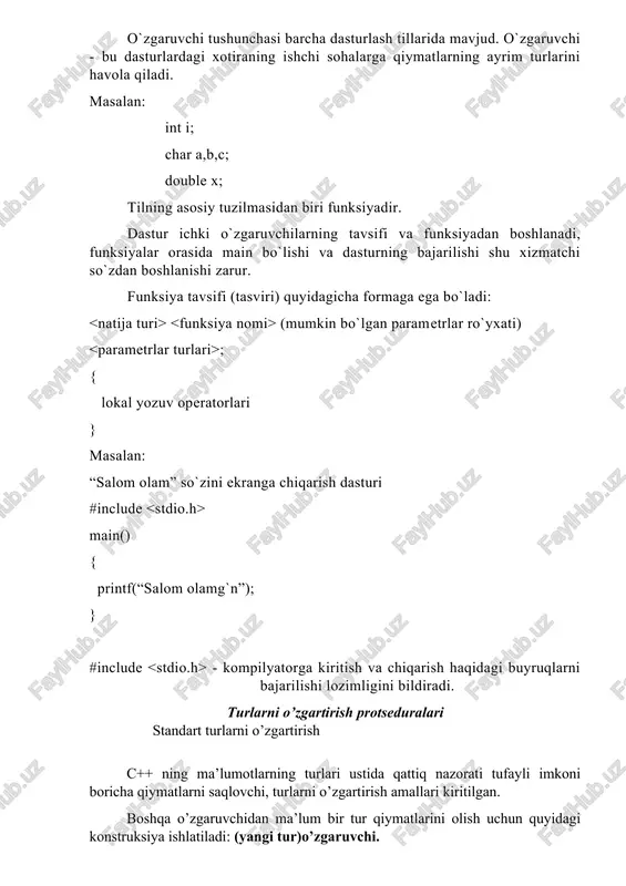 dastur ichki o`zgaruvchilarning tavsifi va funksiyadan boshlanadi, funksiyalar orasida main bo`lishi va dasturning bajarilishi shu xizmatchi so`zdan boshlanishi zarur. funksiya tavsifi (tasviri) quyidagicha formaga ega bo`ladi: (mumkin bo`lgan parametrlar ro`yxati) ; { lokal yozuv operatorlari } masalan: “salom olam” so`zini ekranga chiqarish dasturi #include main() { printf(“salom olamg`n”); } #include - kompilyatorga kiritish va chiqarish haqidagi buyruqlarni bajarilishi lozimligini bildiradi. turlarni o’zgartirish protseduralari standart turlarni o’zgartirish c++ ning ma’lumotlarning turlari ustida qattiq nazorati tufayli imkoni boricha qiymatlarni saqlovchi, turlarni o’zgartirish amallari kiritilgan. boshqa o’zgaruvchidan ma’lum bir tur qiymatlarini olish uchun quyidagi konstruksiya ishlatiladi: (yangi tur)o’zgaruvchi. misol: short s = 100; int i = (int)s; bu misol ortiqcha buyruqlarga ega. c++ da ko’pgina tur o’zgaruvchilarining to’g’ridan-to’g’ri o’zlashtirilishi nazarda tutilgan, ammo ba’zi hollarda bu buyruqlar majburiy hisoblanadi (masalan, o’zgaruvchining qiymatini biror funksiyaga uzatishda). sonli qiymatlarni satrga almashtirish c++ turlarning to’g’ridan-to’g’ri almashtirishda o’zgaruvchini uning o’nlik ko’rinishidan belgilar qatori ko’rinishiga yo’l qo’ymaydi, chunonchi, ular …