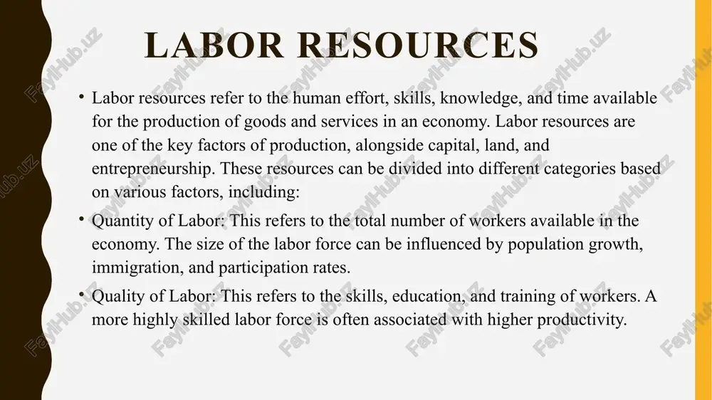bor productivity: technology: advances in technology can significantly increase labor productivity. automation, for example, allows workers to produce more with less effort. education and training: higher levels of education and specialized training can improve workers’ efficiency and skills, leading to better performance. capital investment: when firms invest in machinery, tools, and other forms of capital, workers can use better equipment to increase their productivity. workplace organization: efficient organization and management practices can enhance worker productivity. this includes things like better work processes, time management, and employee motivation. health and well-being: a healthy and motivated workforce is more productive. good nutrition, healthcare, and a positive work environment can boost productivity. innovation and research & development (r&d): continuous innovation leads to improved processes, products, and services, thus improving productivity over time. importance of labor productivity: economic growth: as labor productivity increases, an economy can produce more goods and services with the same …