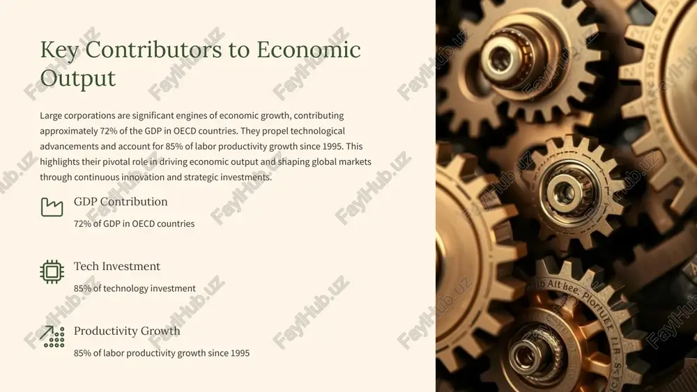 change potentially exacerbates income inequality and raises questions about fair compensation practices within these organizations. capital income growth increased by two-thirds in 25 years. labor income decrease shrunk by 6% over the same period. 4 dominance in oecd economies large corporations, defined as those with revenues exceeding $1 billion, are particularly significant in oecd economies. according to mckinsey & company, the business sector contributes 72% of the gdp in these economies. since 1995, their global revenues have risen by 60% relative to their home country’s gdp, illustrating their increasing global influence. gdp contribution 72% from the business sector in oecd economies. revenue growth 60% increase in global revenues since 1995. innovation drivers underpin 85% of technology investment and labor productivity growth. 5 enhancing economic growth a sciencedirect study reinforces the idea that a substantial presence of large corporations positively affects economic growth. countries with more large firms tend to exhibit …