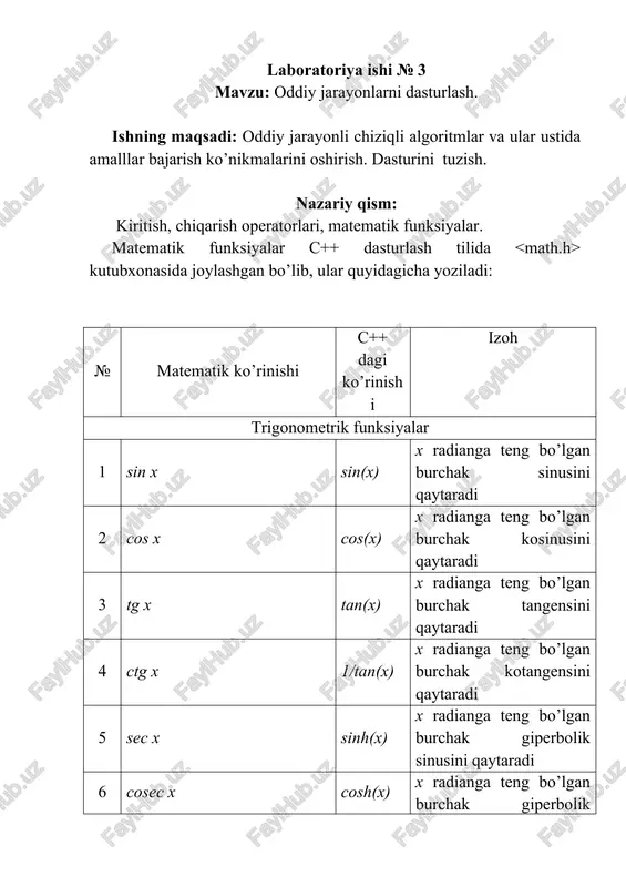 a uni haqiqiy ko’rinishda qaytaradi 3 a ni b ga bo’lgandagi qoldiq a%b butun a sonini butun b soniga bo’lgandagi qoldiqni butun ko’rinishda qaytaradi. 4 a/b bo’linmaning butun qismi a/b butun a sonini butun b soniga bo’lgandagi bo’linmaning butun qismini qaytaradi 5 c= gipotenuza hypot(a,b) to’g’ri burchakli uchburchakning katetlari bo’yicha gipotenuzani hisoblab natijaga qaytaradi c++ dasturlash muhitida ishlashga misollar. 1 – misol. 1 –dastur: 2 – misol. ikkita a va b sonini yig’indisini hisoblovchi dastur: topshiriq: quyida berilgan chiziqli algoritmlarning dasturini tuzing. ; . bu yerda x=1.27, y=0.4.yechimini aniqlikda chiqaring. natija: a=0.011 va b=0.227 topshiriqni bajarish tartibi: berilgan masala uchun algoritm. yuqorida berilgan masalani hisoblash uchun birinchi navbatda uni matematik ko’rinishdan c++ dasturlash muhiti o’girish lozim. ; . c++ muhitidagi ko’rinishi: a=pow(sin(((x-y*y)+tan(x))/((x-y*y)+exp(3.7))),2 )*sqrt(1+pow(log10(fabs(x-y*y)),2)); b=cos(a*x)*pow(a*(x-y*y),1.0/3)/(0.00001*(a*x-4)+exp(a)); asosiy dastur matni: berilgan misol ishlanish natijalari tahlili. 1. #include – kutubxonalarni qo’shish direktivasi; 2. - kiritish chiqarish kutubxonasi; 3. - matematik funksiyalar berilgan kutubxona; 4. …