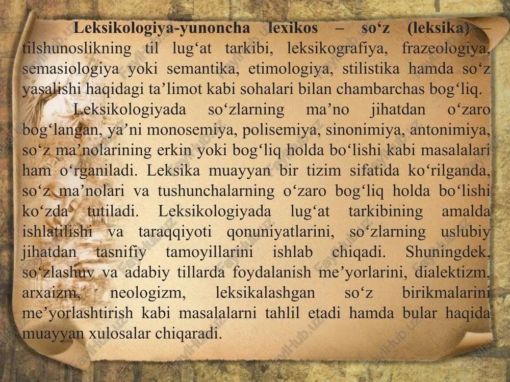 rni o‘z ichiga oladi. bir ma’noli mono – bir, semia – ma’no – monosemiya, odam, chumchuq, ravish nutq jarayonida ikki va undan ortiq ma’noda qo‘llaniluvchi so‘zlarga ko‘p ma’noli poli – ko‘p, semia – ma’no – polisemiya. tutmoq- sir tutmoq, parda tutmoq, ro‘za tutmoq, suv tutmoq metanomiya metafora sinekdoxa kinoya tag ma’no vazifadoshlik so‘zning ma’no ko‘chish turlari: metafaro - o‘zaro o‘xshashligi bo‘lgan biror bir narsaning boshqa narsaga ko‘chirilishi: ko‘ylakning etagi, daryoning etagi metonomiya – narsa va hodisa aloqadorligi asosida nom ko‘chishi: samovarda o‘tirdik, zal oyoqqa turdi, auditoriya sukutda vazifadoshlik - narsa va hodisalarning bajaradigan vazifasin ing o‘xshashligi. tomir - odamning, gulning, daraxtning kinoya - so‘zlarning aksi ma’noda qo‘llanishi. “matematik” do‘stim algebrani suv qilib ichdi. sinekdoxa - butunning nomi bilan qismni. yoki aksincha, qismning nomi bilan butunni anglash hodisasi. u tirnoqqa zor edi. eshitgan quloq nima deydi tag-ma’no - butun boshli gapning ko‘chma ma’noda qo‘llanishi. xotin: sizga tekkuncha alvastiga tegsam bo‘lmasmidi? er: …