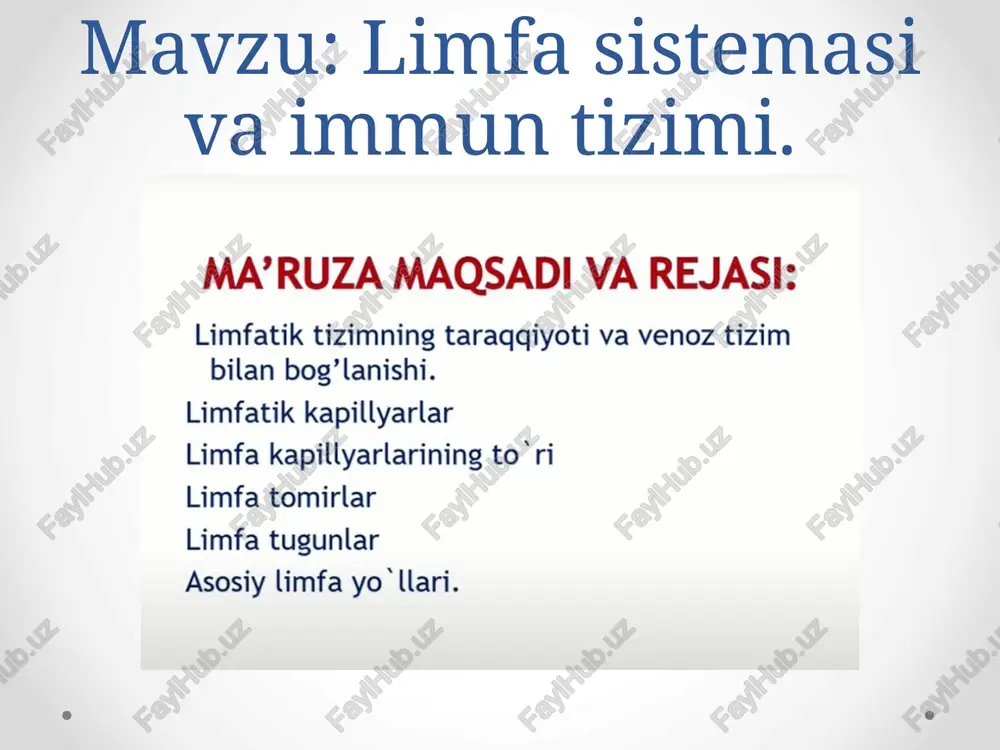 - qo yiladi. bu limfa keltiruvchi tomirlar kapsulani teshib otib, sinuslarga ochiladi. limfa suyuqlig’iga limfa tugunlarida takomil etgan limfotsit go‘shilib, tugunlardan chiqib ketuvchi tomirlar — vasa efferentia ga o tadi. olib chigib ketuvchi limfa tomirlarining miqdori kamrog, lekin diametri kattaroqg bo‘ ladi. limfa tugunlarining vazifasi: 1) limfotsit etishadi; 2) limfa suyuqlig’i tozalanadi; 3) antitela ishlab chigarib bar’ erlik vazifasini o taydi; 4) to’ qimalar ushlanib qolib, mexanik fil’tr vazifasini o taydi. likmfa tuguni cortical sinus afferent . lymphatic \ fibrous capsule eer \ subcapsular sinus trabecula afferent efferent lymphatic y\. lymphatic ss. vessels medullary sinus medullary cord germinal center kalla sohasidagi limfa tugunlar. nodi lymphoidei capitis. nodi occipitales — ensa tugunlari; nodi mastoidei — so'rg’ichsimon o’simta sohasidagi tugunlar; nodi paratidei superficiales — qulog oldi so ‘lak bezining yuzaki tugunlari; nodi parotoidei profundi — quloq oldi so ‘lak bezining chuqur tugunlari. bo’yin sohasidagi limfa tugunlar. nodi lymphoidei colli. bo‘yindagi limfa tugunlari …