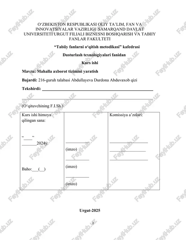 vaqt talab qilishi xatoliklarning yuzaga kelishi axborotlarni yangilash jarayonining murakkabligi mahalla a’zolari va boshqaruv organlari o‘rtasida samarali aloqa yo‘qligi kabi muammolarni keltirib chiqaradi. shu sababli, raqamli axborot tizimi ishlab chiqish mahalla boshqaruvini yanada samarali va qulay qilishga yordam beradi. kurs ishining maqsadi va vazifalari maqsad – mahalla fuqarolari ma’lumotlarini saqlash va boshqarish uchun python dasturlash tilida ishlab chiqilgan veb-ilovani yaratish. vazifalar: mahalla boshqaruvining xususiyatlarini tahlil qilish ma’lumotlar bazasini loyihalash va yaratish foydalanuvchi uchun qulay interfeys ishlab chiqish ma’lumotlarni kiritish, ko‘rish, yangilash va o‘chirish imkoniyatlarini yaratish tizimni sinovdan o‘tkazish va kamchiliklarni bartaraf etish tizimdan kutilayotgan natijalar ushbu tizim orqali mahalla boshqaruvi quyidagi imkoniyatlarga ega bo‘ladi: fuqarolar ro‘yxatini tezkor ko‘rish va tahrirlash yangi fuqarolarni qo‘shish va eski ma’lumotlarni yangilash mahalla aholisining statistik ma’lumotlarini ko‘rish mahalla bilan bog‘liq ariza va shikoyatlarni tezkor qabul qilish mazkur kurs ishi natijasida mahalla axborot tizimi ishlab chiqilib, amaliy foydalanishga tayyor holatga keltiriladi. mahalla axborot tizimining tahlili 1. …
