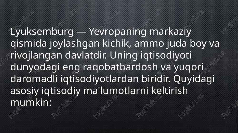 . u karbon izini kamaytirishga qaratilgan siyosatlarni ilgari suradi, shuningdek, qayta tiklanadigan energiya manbalarini rivojlantirishga sarmoya kiritadi. bu, ayniqsa, quyosh va shamol energiyasidan foydalanishni kengaytirishga yo‘naltirilgan. lyuksemburgda turizm sohasining ulushi iqtisodiyotda nisbatan kichik bo‘lsa-da, mamlakat o‘zining tarixiy obidalar, go‘zal manzaralari va madaniyat merosi bilan sayyohlarni jalb qiladi. bu yerda ko‘plab qal'alar, tarixiy shaharlar va tabiat bog‘lari bor. lyuksemburg yevropadagi eng yaxshi infratuzilma tizimiga ega davlatlardan biridir. mamlakatda transport tizimi juda rivojlangan, yo‘llar, temir yo‘llar va havoni aloqalar yaxshi rivojlangan. shuningdek, lyuksemburgda jahon miqyosida yuqori sifatli telekommunikatsiya va raqamli infratuzilma mavjud. lyuksemburgda ko‘plab xalqaro tashkilotlar joylashgan, jumladan, yevropa ittifoqining ba'zi institutlari va sudlari, evropa investitsiya banki (eib) va boshqa xalqaro tashkilotlar. bu esa mamlakatni global iqtisodiy tizimda muhim o‘rin tutuvchi davlatlardan biriga aylantiradi. lyuksemburgda ish haqi o‘rtacha daraja juda yuqori. xususan, moliya va bank sohalarida ishlovchi mutaxassislar o‘zlarining katta maoshlarini olishadi. mamlakatda xalqaro kompaniyalar tomonidan taklif qilinadigan yuqori daromadli lavozimlar ham …