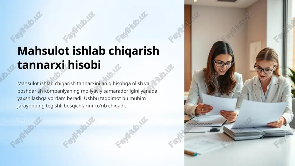 a, pensiya va boshqa ijtimoiy to'lovlar. ishchilarga to'langan asosiy ish haqi, qo'shimcha haqlar va mukofotlar. ish haqi 6 yordamchi ishlab chiqarish xarajatlari energiya va yonilg'i xarajatlari ishlab chiqarish uchun sarflangan elektr energiya, gaz, suv va boshqa energiya turlari. ta'mir-tuzatish xarajatlari ishlab chiqarish uskunalari va binolarni ta'mirlash va saqlab turish uchun ketgan xarajatlar. ombor xarajatlari xomashyo, yarim tayyor mahsulotlar va tayyor mahsulotlarni saqlash bilan bog'liq xarajatlar. boshqa xarajatlar yordamchi ishlab chiqarish faoliyatiga yo'naltirilgan barcha boshqa xarajatlar. 7 umumiy ishlab chiqarish xarajatlari ishlab chiqarish boshqaruvi ishlab chiqarish faoliyatini boshqarish uchun sarflangan xarajatlar. sifat nazorati mahsulot sifatini tekshirish va nazorat qilish uchun sarflangan xarajatlar. logistika mahsulot yetkazib berishga oid transport va omborxona bilan bog'liq xarajatlar. boshqa xarajatlar boshqa umumiy ishlab chiqarish faoliyatlarini qamrab oladi. 8 mahsulot tannarxini hisoblash usullari oddiy usul jami xarajatlarni mahsulot soni bo'yicha bo'lish. to'liq usul bevosita va bilvosita xarajatlarni alohida hisoblab, mahsulot tannarxini aniqlab chiqish. mahsulot bo'yicha har bir …