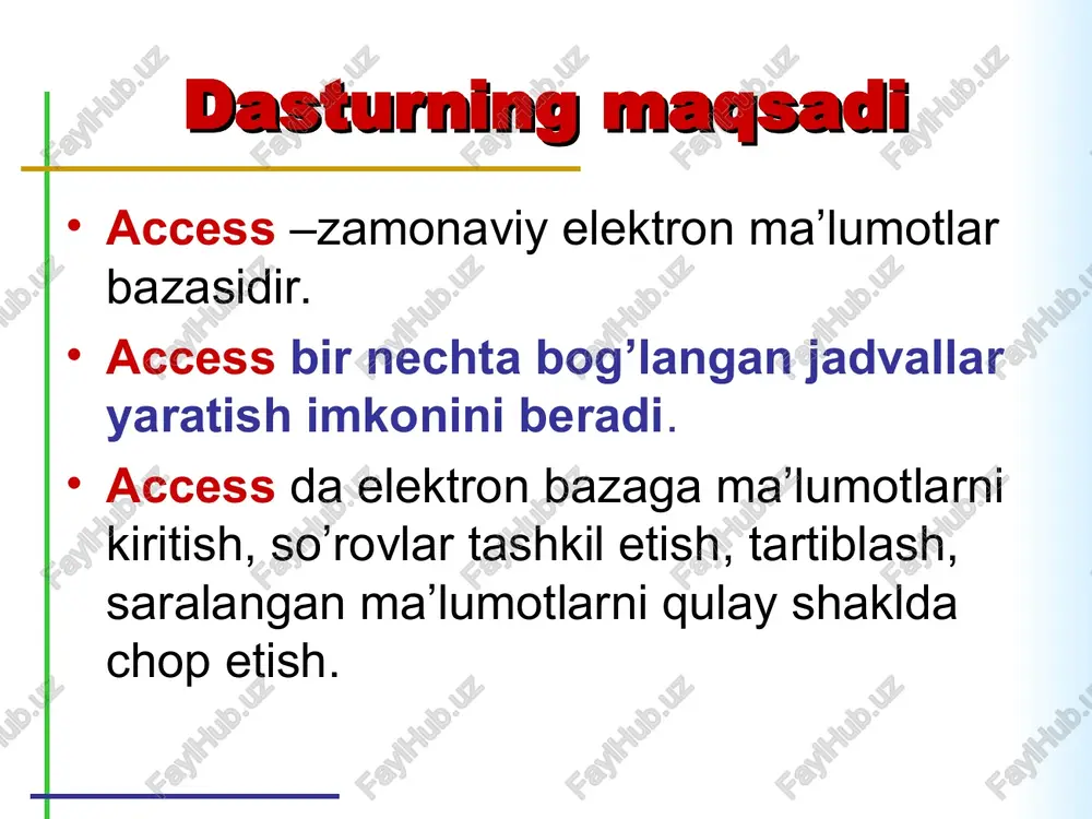 ’tiborga olgan holda uning maydonlarini ifodalash. bu jarayon mb oynasida sozdanie tugmasini bosish bilan boshlanadi. 1. tablitsa tartibida ms access oynasi bunday jadval tuzish oddiy mexanik usulda yaratiladi va ekranda formal nomlarda jadval maydonlari hosil bo’ladi: maydon1, maydon2 ... va standart matnli maydon turi aksla-nadi. 2. konstruktor tablits tartibida ms access jadval yaratishning konstruktor tartibini tanlasak, u holda maydonlar nomi ularning turi va xossalari kabi paramertlarini kiritish mumkin bo’lgan muloqot oynasi paydo bo’ladi. on the view shortcutstoolbar, click the design viewbutton to display the orders table structure in designview. notice that the designtool tab now appears on the ribbon. access da zapros yaratish 1. master zaprosov prostoy zapros – mavjud aniq maydonlarni tanlab olish yo’li bilan so’rovlar tuzish. maydonlarni tanlab olish yo’li bilan so’rovlar tuzish. perekryostniy zapros – mb da mavjud bo’lgan bir nechta jadval va so’rovlarni chatishmasidan yangi so’rovlar yaratish. access da zapros yaratish 1. master zaprosov povtoryayushiesya zapisi …
