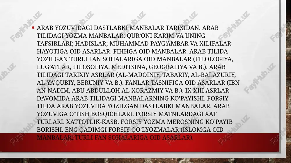 tarqalishi. qo’lyozmalarning jahon bo’ylab tarqalish sabablari. sharq qo’lyozmalarining yevropaga tarqalishi. sharq qo’lyozmalarining turli mamlakatlardagi miqdoriy ko’rsatkichi. qo’lyozmalar xazinalari: misr, eron, buyuk britaniya, germaniya, turkiya, rossiya, o’zbekiston. sharq qo’lyozmalarini tavsiflash va kataloglar chop etilishi tarixidan. o’zbekiston fanlar akademiyasi sharqshunoslik instituti sharq qo’lyozmalari xazinasi. v-vi asrlarda o’zbekiston tarixi eftaliylar va eftaliylar davlati tarixi bilan bog’liqdir. tarixiy manbalar, shuningdek, arxeologik qazishlar bergan ma’lumotlarga qaraganda, eftaliylar saklar va masagetlarning avlodlaridir. eftaliylar juda katta hududda o’z hukmronliklarini o’rnatdilar. ularning davlatiga sharqiy turkistondan kaspiy bo’ylarigacha bo’lgan yerlar qarar edi. eftaliylar milodning 457-yilida chag’aniyon, toxariston va badaxshonni bo’ysundirishga muvaffaq bo’ldilar. eron shohi sosoniy piruz (459-484 yy.) eftaliylarga qarshi uch bor qo’shin tortti, lekin uning barcha yurishlari mag’lubiyat bilan yakunlandi. buning ustiga eron eftaliylarga o’lpon to’lab turishga majbur bo’ldi. shundan keyin eftaliylar marv va kobulni, oradan ko’p vaqt o’tmay, sharqiy turkistonni ham bo’ysundirishga muvaffaq bo’ldilar. eftaliylar turon, eronning sharqiy tumanlari, afg’oniston, shimoliy hindiston hamda sharqiy turkiston ustidan hukm …