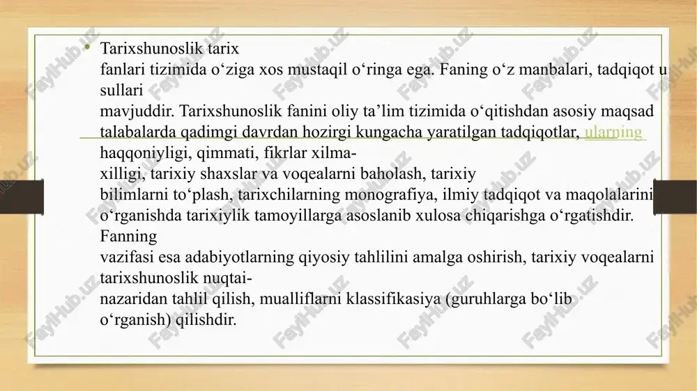 oslik tadqiqotlarining bir qancha tahlil usullari mavjud: qiyosiy tarixiy usul —turli tarixiy davrlarda tarixiy maʼlumotlar qanday paydo boʻldi, harakatlandi, oʻzgardi va rivojlandi, jamiyat taraqqiyotida tarixiy fikrlarning paydo boʻlishi va rivojlanishi jarayonini aniqlashda qoʻllaniladi; aniq tahliliy usul — olib borilgan tarixshunoslik tadqiqoti voqea-hodisalar tafsilotini kelib chiqish sabablari, rivojlanish jarayonini nazariy va faktik materiallarning oʻzaro aloqasida tahlil qiladi, ularning fanda qanday yoritilganligini oʻrganadi; mantiqiy tahliliy usul — katta imkoniyatlarga ega boʻlib, tarixiy muammoning oʻziga xos xususiyatlari, tuzilishi, boshqa tarixiy hodisalar bilan bogʻliqligini oʻrganishda qoʻllaniladi. boshqacha aytganda, maʼlum bosqich yoki davrda tarix fanining rivojini jamiyat taraqqiyotining asosiy yoʻnalishi bilan bogʻliqlikda ifodalaydi; xronologik usul — voqea-hodisalar haqida turli bosqich yoki davrda toʻplangan tarixiy faktlarni oʻzaro bogʻliqlikda oʻrganishda qoʻllaniladi. bu esa turli zamonda ilmiy fikrlarning harakatini, muammoga yondashuvda konsepsiyalar, qarashlar, gʻoyalarning oʻzgarib borishini xronologik tartibda takroriy yoki xilma-xil jihatlarini ochib beradi; davriylashtirish usulida maʼlum bir tarixiydavriy chegarada tarix fanining sifat, uslub va xususiyatlarining oʻzgarishiga ijtimoiy-iqtisodiy …