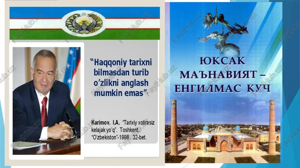 chilik asoslari va ijtimoiy yo‘naltirilgan bozor iqtisodiyotini yuzaga keltirishga qaratilgan o‘tish davrining dastlabki islohotlar jarayoniga ilk qadamlar qo‘yildi. demokratik an’analar asosida yangi davlat boshqaruv tizimi–qonun chiqaruvchi, ijro etuvchi va sud hokimiyati tashkil etildi, hamda fuqarolik jamiyati asoslari yaratildi, erkin bozor iqtisodiyotiga o‘tila boshlandi. uchinchi bosqich —2000–2010-yillar. 2000-yildan mamlakatda faol demokratik yangilanish va modernizatsiyalash jarayonlari kuzatildi. shu davrdan asosiy vazifasi qilib kuchli davlatdan –kuchli fuqarolik jamiyatiga bosqichma- bosqich o‘tish vazifasi qo‘yildi. to‘rtinchi bosqich— 2010–2016-yillar. 2010-yildan demokratik islohotlar va mamlakatni modernizatsiyalash jarayonini yanada chuqurlashtirish masalasi ilgari surildi. uning boshlanishi o‘zbekistonning birinchi prezidenti islom karimov tomonidan mamlakatda fuqarolik jamiyatini shakllantirish va demokratik islohotlarni yanada chuqurlashtirish konsepsiyasining ishlab chiqilishi bilan bog‘liqdir. bu davr davlat hokimiyati va boshqaruvini yanada demokratlashtirish, sud-huquq tizimi,axborotlashtirish sohasini isloh etish, so‘zerkinligini ta’minlash, saylov qonunchiligini takomillashtirish, demokratik bozor islohotlarini chuqurlashtirishga qaratilganligi bilan xarakterlanadi. 2017-yildan keyingi yillar— «o‘zbekiston taraqqiyotining yangi bosqichga ko‘tarilishi». bu davr tarixi 2016-yil dekabr oyida saylangan o‘zbekiston prezidenti shavkat …
