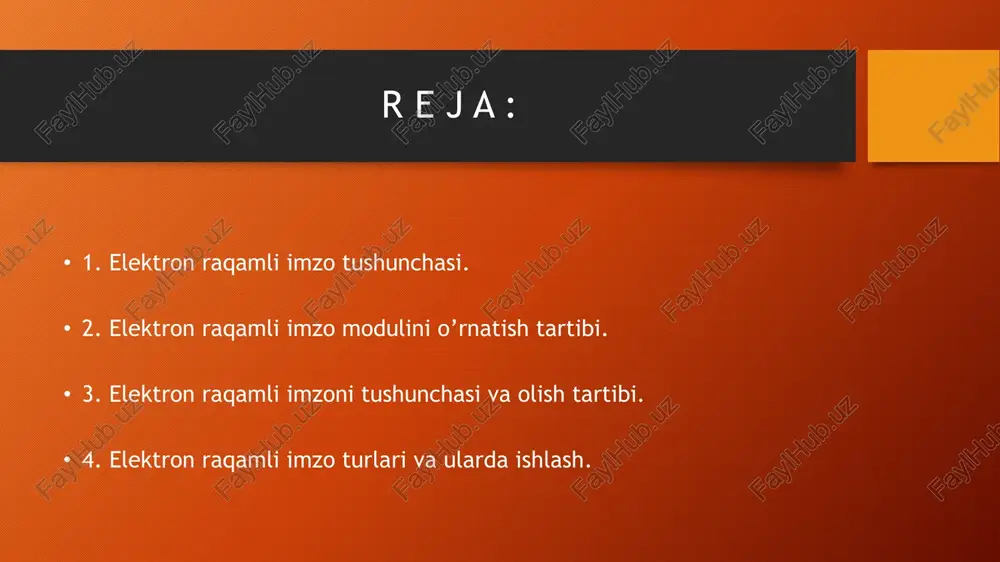 q kalitining egasini identifikatsiya qilish imkoniyatini beradigan imzo; elektron raqamli imzoning yopiq kaliti-elektron raqamli imzo kalit vositalaridan foydalangan holda hosil qilingan, faqat imzo qo‘yuvchi shaxsning o‘ziga ma’lum bo‘lgan va elektron hujjatda elektron raqamli imzo yaratish uchun mo‘ljallangan belgilar ketma-ketligi; elektron raqamli imzoning ochiq kaliti-elektron raqamli imzo kalit vositalaridan foydalangan holda hosil qilingan, elektron raqamli imzo yopiq kalitiga mos keluvchi, axborot tizimining har qanday foydalanuvchisi foydalana oladigan va elektron hujjatdagi elektron raqamli imzo kalit haqiqiyligini tasdiqlash uchun mo‘ljallangan belgilar ketma-ketligi; elektron raqamli imzo kalitining sertifikati-elektron raqamli imzoning ochiq kaliti elektron raqamli imzoning yopiq kalitiga mosligini tasdiqlaydigan va elektron raqamli imzo yopiq kalitining egasiga vakolatli organ tomonidan berilgan elektron yoki qog‘oz shaklidagi hujjat; elektron raqamli imzo yopiq kalitining paroli-elektron raqamli imzoning yopiq kalitidan ruxsatsiz tarzda foydalanishdan himoya qilish uchun mo‘ljallangan shartli belgilar ketma-ketligi. elektron raqamli imzoning yopiq kaliti egasi-elektron raqamli imzo kalitini yaratgan (elektron hujjatga imzo qo‘ygan) va vakolatli organ tomonidan uning …