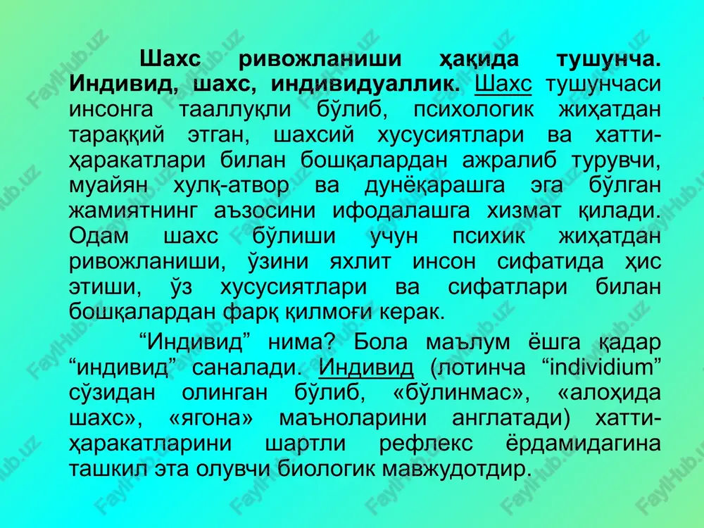 lardan birini egallab, uning vakillari aristotel, platonlar tabiiy-biologik omillarni yuqori qo'yadi. ular tug'ma imkoniyatlar, taqdir, tole har kimning hayotdagi o'rnini belgilab bergan, deydilar. progmatizm oqimi va uning vakillari d.d'yul, a.kombe ham shaxs rivojlanishini biologik nuqtai nazarda asoslaydilar. ular rivojlanishni fahat miqdoriy o'zgarishdan iborat, deb qaraydilar. naslning rolini absolyutlashtirib, uni inson taqdirida hal qiluvchi ahamiyatga ega deb biladilar. demak, bir guruh xorijiy olimlar rivojlanishni biologik (nasliy) omilga bog'laydilar. biologik oqimga qarshi falsafiy oqim vakillari rivojlanishi ijtimoiy omil omil bilan belgilaydilar. bu oqim vakillari bola shaxsining jismoniy, psixik rivojlanishi u yashaydigan muhitga bog'liq deb ko'rsatadilar. muhit deganda odam yashaydigan sharoitdagi barcha tashqi ta'sir tushuniladi. shu nuqtai nazardan tarbiya tufayli bolani o'zi yashaydigan ijtimoiy sharoitga moslashtirish mumkin, degan xulosa kelib chiqadi. shaxs rivojlanishida faoliyatning o'rni. shaxs rivojlanishida irsiyat, muhit, tarbiya bilan bir qatorda inson faoliyati ham muhim ahamiyat kasb etadi. bu degani inson qanchalik mehnat qilsa, uning rivojlanishi shunchalik yuqori bo'ladi. faoliyat o'zi …